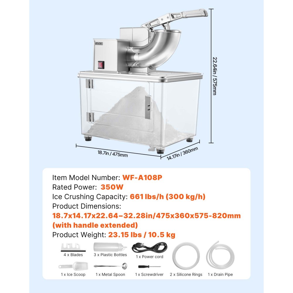 VEVOR Commercial Ice Crusher 661LBS/H, 350W Electric Snow Cone Machine with 4 Blades, 2000RPM Stainless Steel Shaved Ice Machine with 11 Gal Crushed-Ice Box, for Family Restaurants Bars, Silver