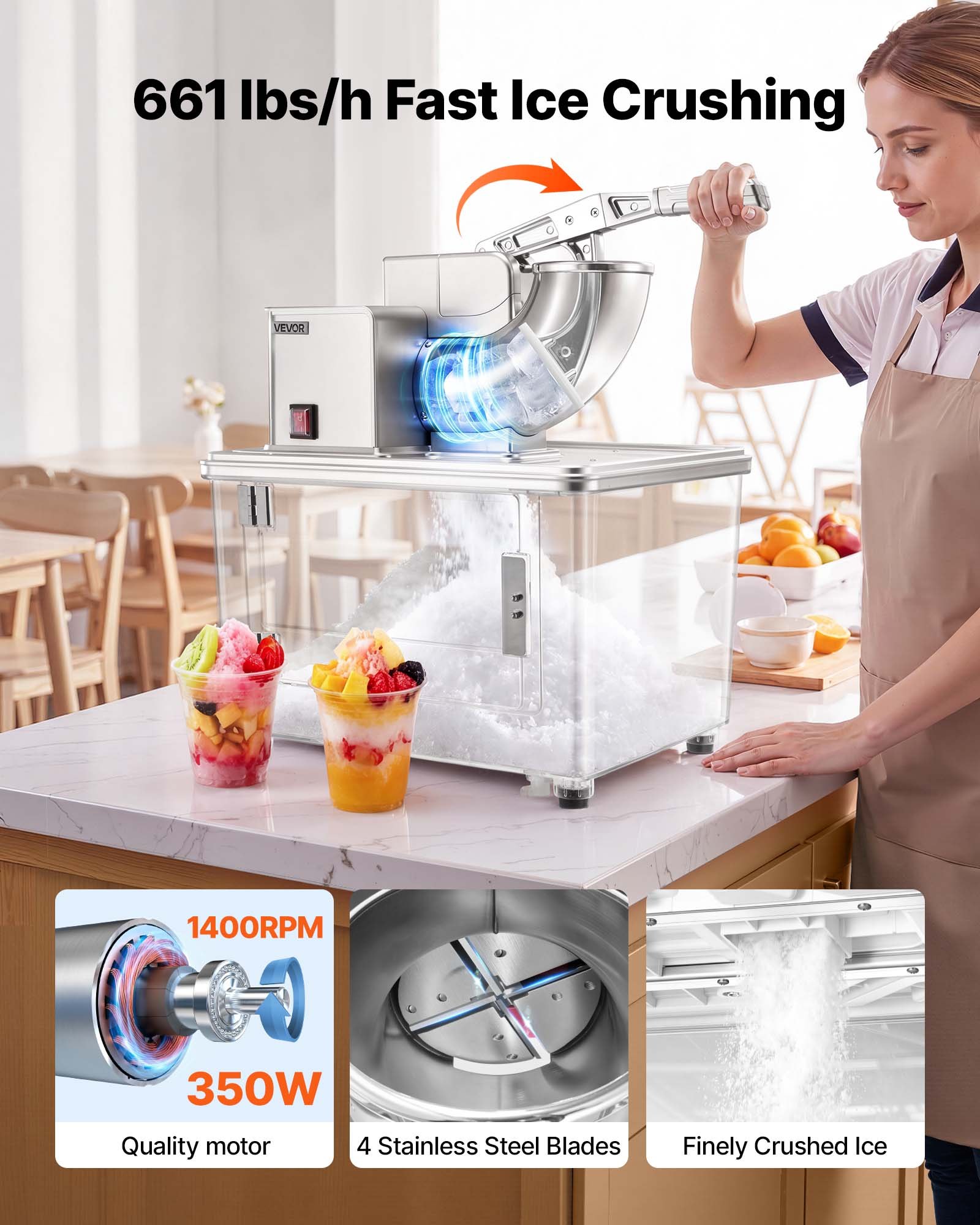VEVOR Commercial Ice Crusher 661LBS/H, 350W Electric Snow Cone Machine with 4 Blades, 2000RPM Stainless Steel Shaved Ice Machine with 11 Gal Crushed-Ice Box, for Family Restaurants Bars, Silver