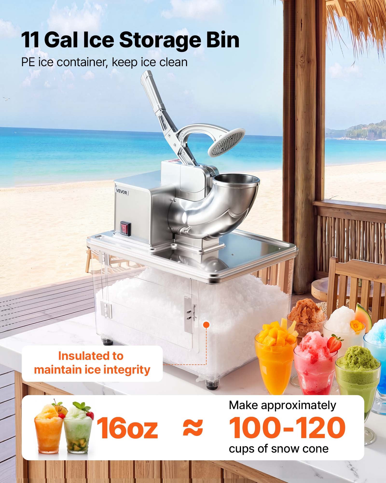 VEVOR Commercial Ice Crusher 661LBS/H, 350W Electric Snow Cone Machine with 4 Blades, 2000RPM Stainless Steel Shaved Ice Machine with 11 Gal Crushed-Ice Box, for Family Restaurants Bars, Silver