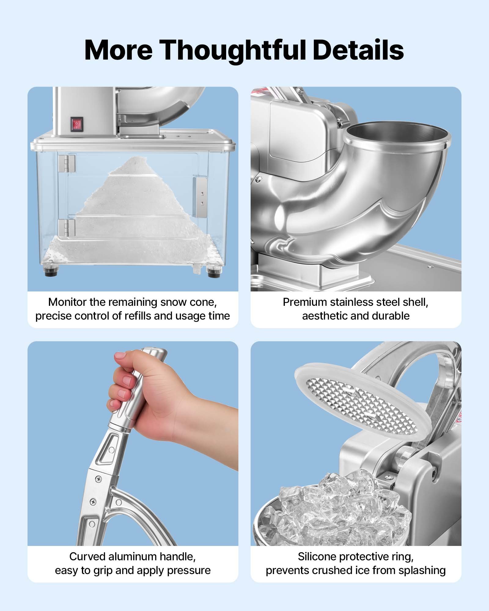 VEVOR Commercial Ice Crusher 661LBS/H, 350W Electric Snow Cone Machine with 4 Blades, 2000RPM Stainless Steel Shaved Ice Machine with 11 Gal Crushed-Ice Box, for Family Restaurants Bars, Silver