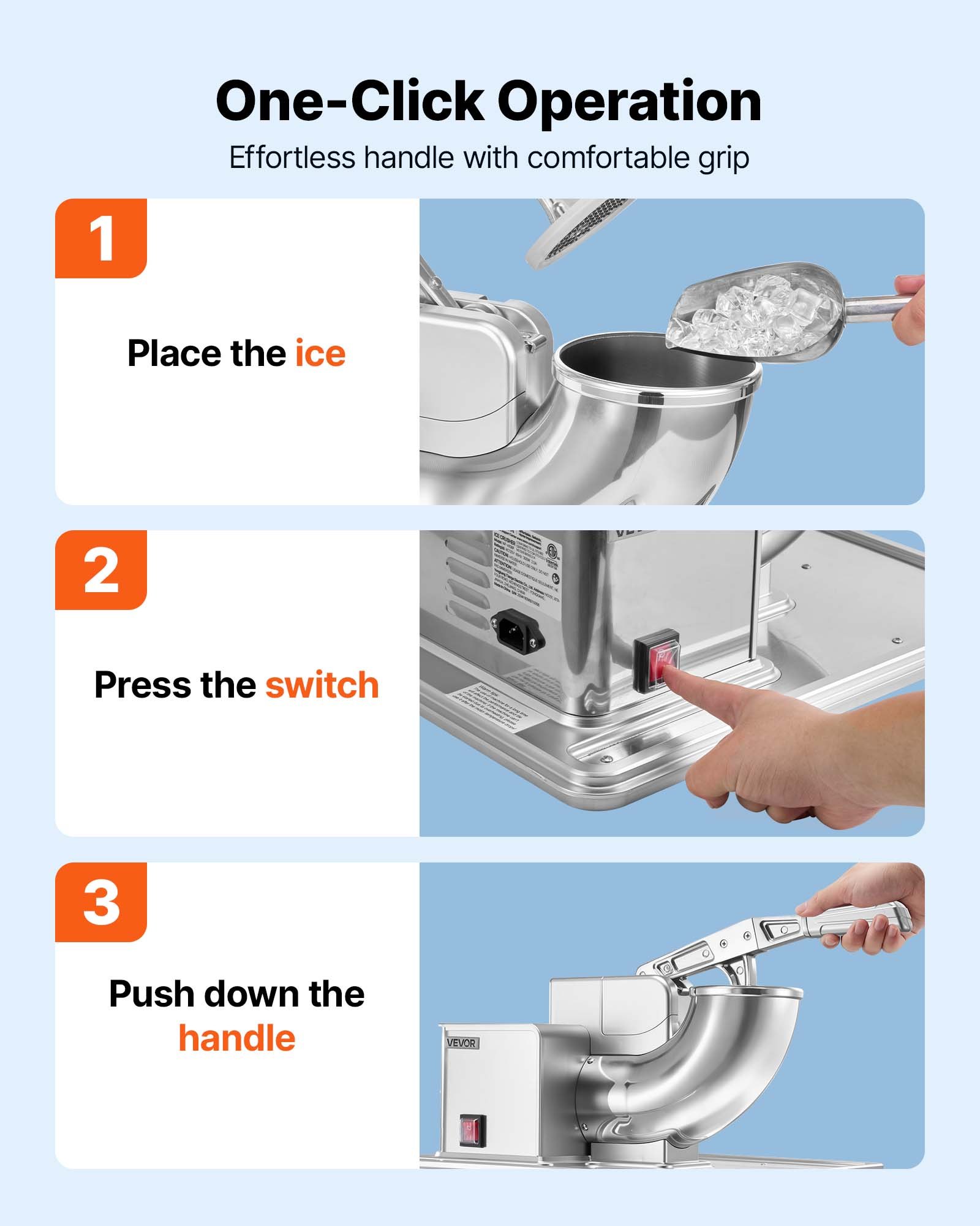 VEVOR Commercial Ice Crusher 661LBS/H, 350W Electric Snow Cone Machine with 4 Blades, 2000RPM Stainless Steel Shaved Ice Machine with 11 Gal Crushed-Ice Box, for Family Restaurants Bars, Silver