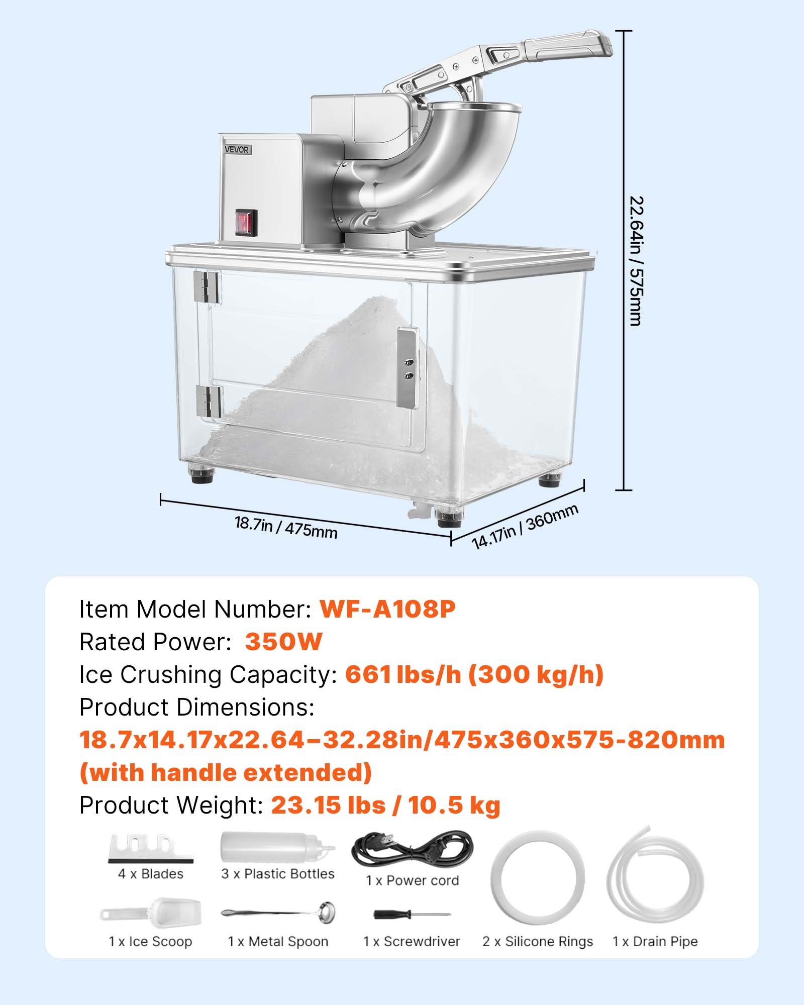 VEVOR Commercial Ice Crusher 661LBS/H, 350W Electric Snow Cone Machine with 4 Blades, 2000RPM Stainless Steel Shaved Ice Machine with 11 Gal Crushed-Ice Box, for Family Restaurants Bars, Silver