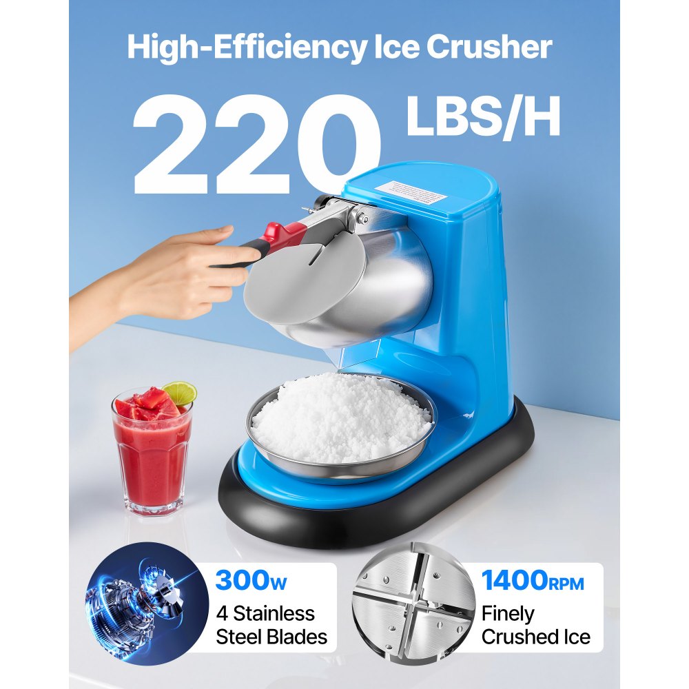 VEVOR Ice Crusher Machine, 100kg Per Hour Electric 4 Blades Snow Cone Maker, Stainless Steel Shaved Ice Machine with Bowl and Cover, 300W 1400RPM Ice-Shaver for Home and Commercial Use, Blue