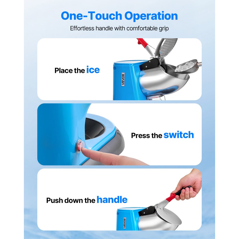 VEVOR Ice Crusher Machine, 100kg Per Hour Electric 4 Blades Snow Cone Maker, Stainless Steel Shaved Ice Machine with Bowl and Cover, 300W 1400RPM Ice-Shaver for Home and Commercial Use, Blue