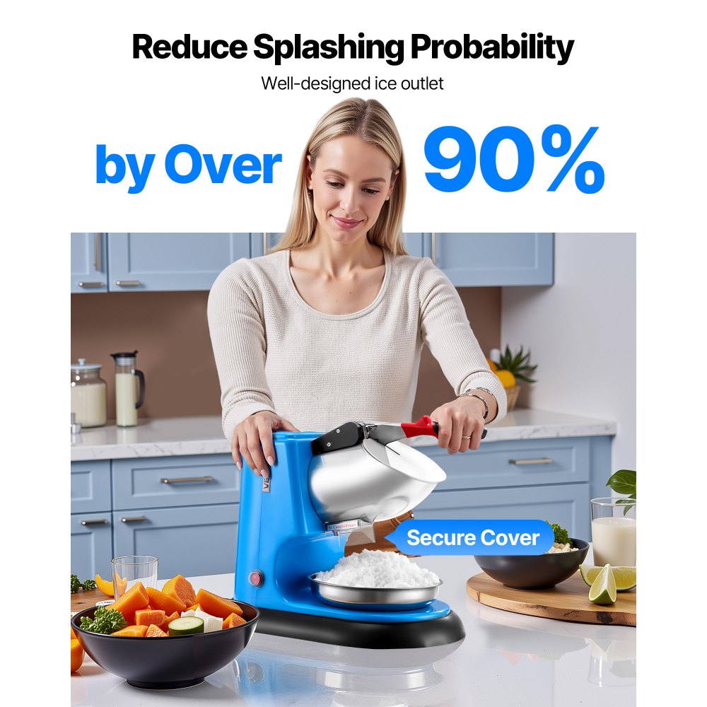 VEVOR Ice Crusher Machine, 100kg Per Hour Electric 4 Blades Snow Cone Maker, Stainless Steel Shaved Ice Machine with Bowl and Cover, 300W 1400RPM Ice-Shaver for Home and Commercial Use, Blue