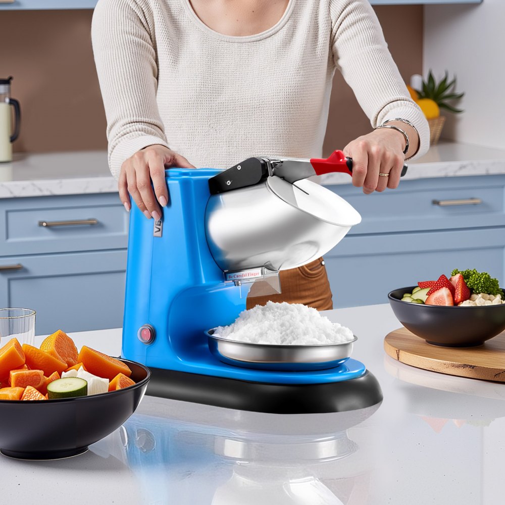 VEVOR Ice Crusher Machine, 100kg Per Hour Electric 4 Blades Snow Cone Maker, Stainless Steel Shaved Ice Machine with Bowl and Cover, 300W 1400RPM Ice-Shaver for Home and Commercial Use, Blue