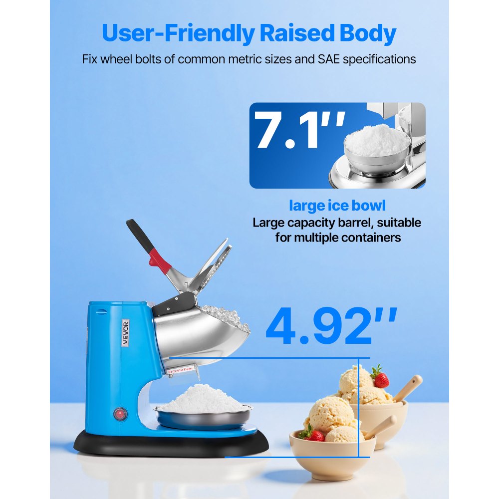 VEVOR Ice Crusher Machine, 100kg Per Hour Electric 4 Blades Snow Cone Maker, Stainless Steel Shaved Ice Machine with Bowl and Cover, 300W 1400RPM Ice-Shaver for Home and Commercial Use, Blue