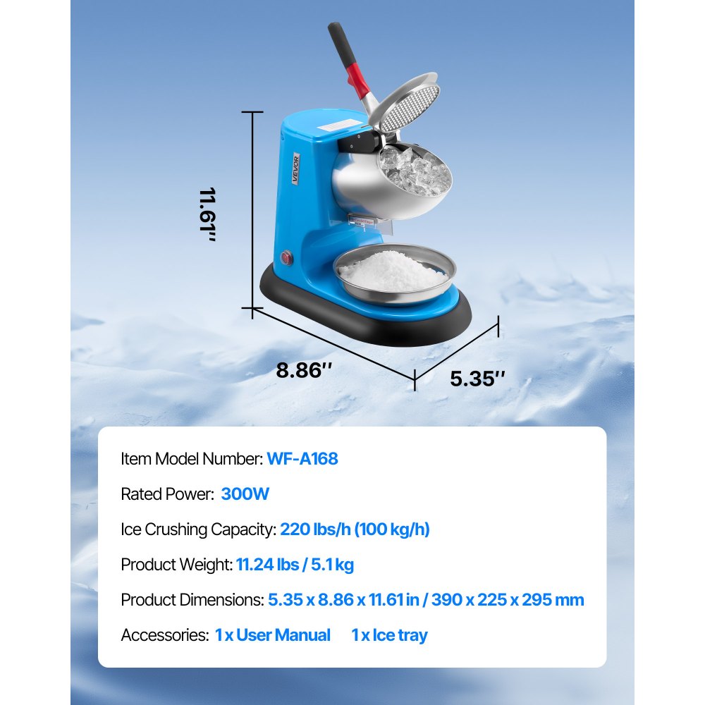 VEVOR Ice Crusher Machine, 100kg Per Hour Electric 4 Blades Snow Cone Maker, Stainless Steel Shaved Ice Machine with Bowl and Cover, 300W 1400RPM Ice-Shaver for Home and Commercial Use, Blue