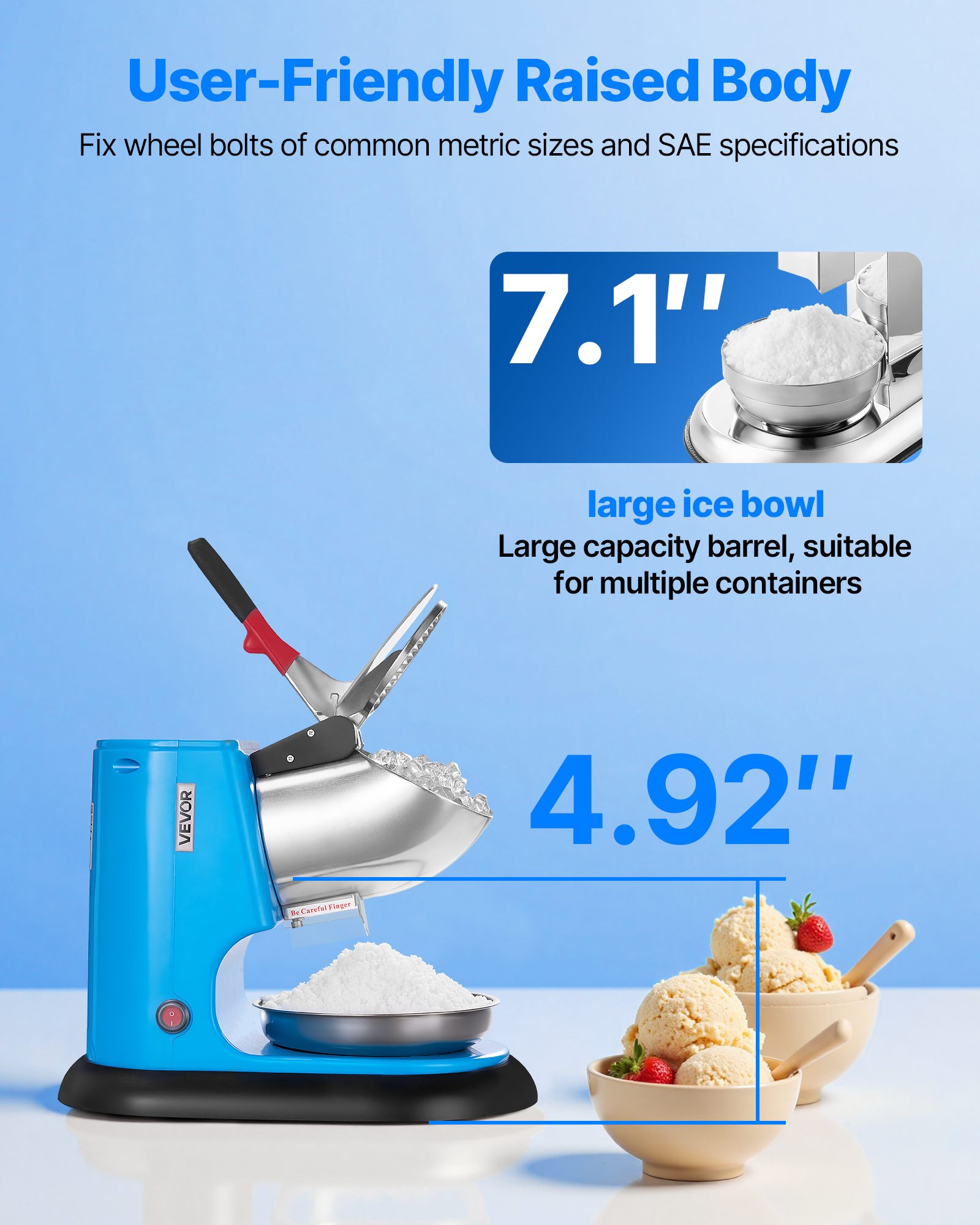 VEVOR Ice Crusher Machine, 100kg Per Hour Electric 4 Blades Snow Cone Maker, Stainless Steel Shaved Ice Machine with Bowl and Cover, 300W 1400RPM Ice-Shaver for Home and Commercial Use, Blue