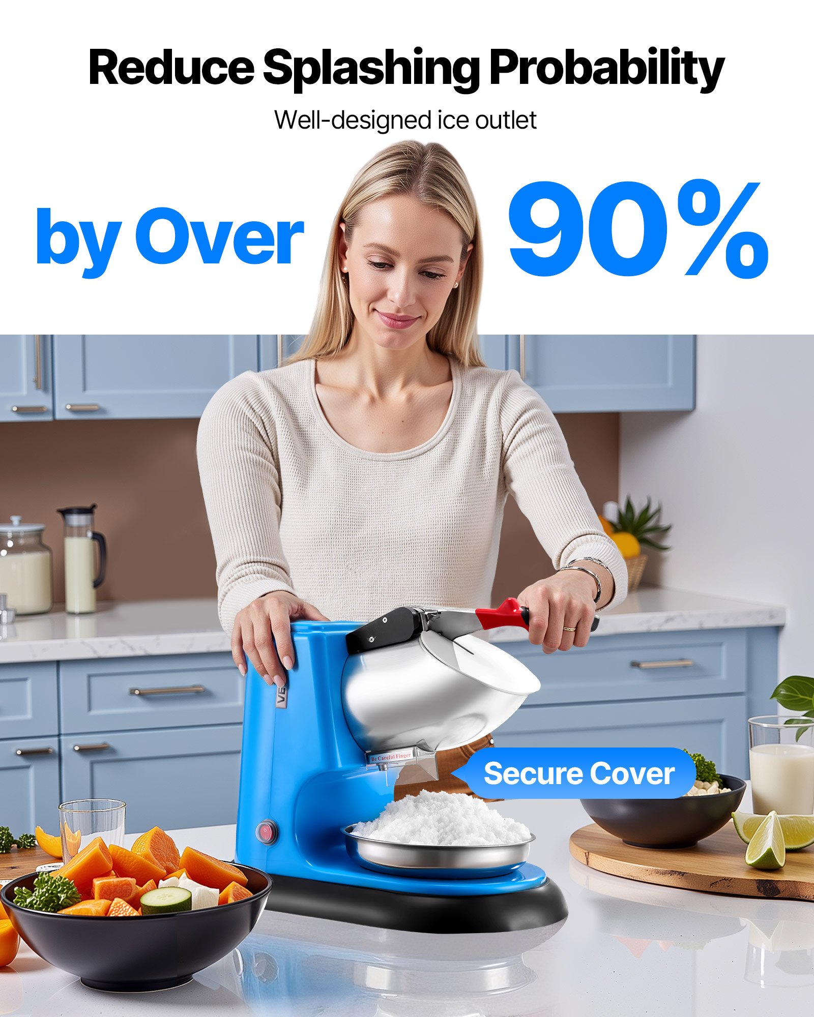 VEVOR Ice Crusher Machine, 100kg Per Hour Electric 4 Blades Snow Cone Maker, Stainless Steel Shaved Ice Machine with Bowl and Cover, 300W 1400RPM Ice-Shaver for Home and Commercial Use, Blue