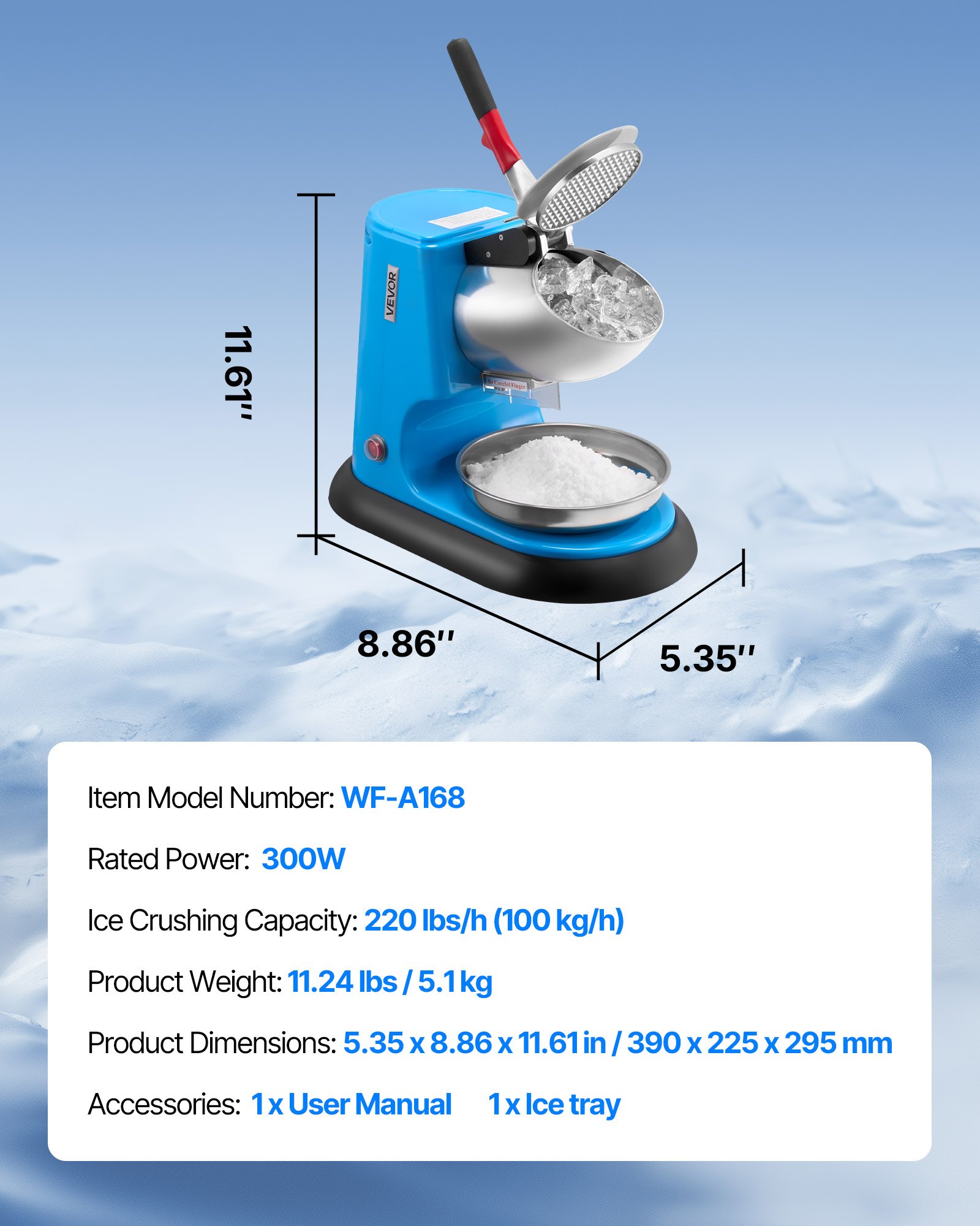 VEVOR Ice Crusher Machine, 100kg Per Hour Electric 4 Blades Snow Cone Maker, Stainless Steel Shaved Ice Machine with Bowl and Cover, 300W 1400RPM Ice-Shaver for Home and Commercial Use, Blue