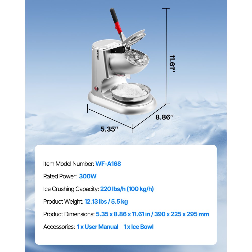 VEVOR Ice Crusher Machine, 100kg Per Hour Electric 4 Blades Snow Cone Maker, Stainless Steel Shaved Ice Machine with Bowl and Cover, 300W 2000RPM Ice-Shaver for Home and Commercial Use, Silver