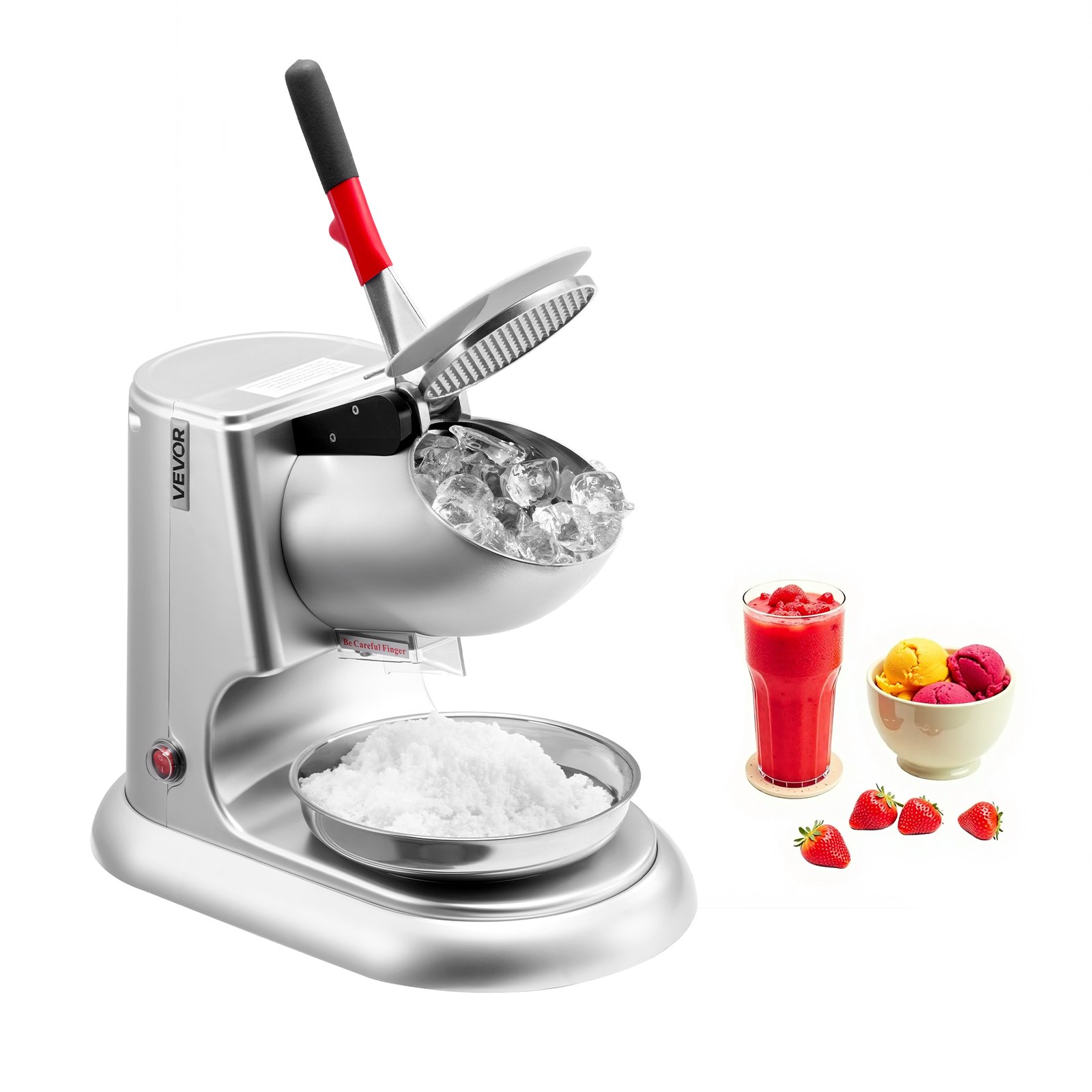 VEVOR Ice Crusher Machine, 100kg Per Hour Electric 4 Blades Snow Cone Maker, Stainless Steel Shaved Ice Machine with Bowl and Cover, 300W 2000RPM Ice-Shaver for Home and Commercial Use, Silver