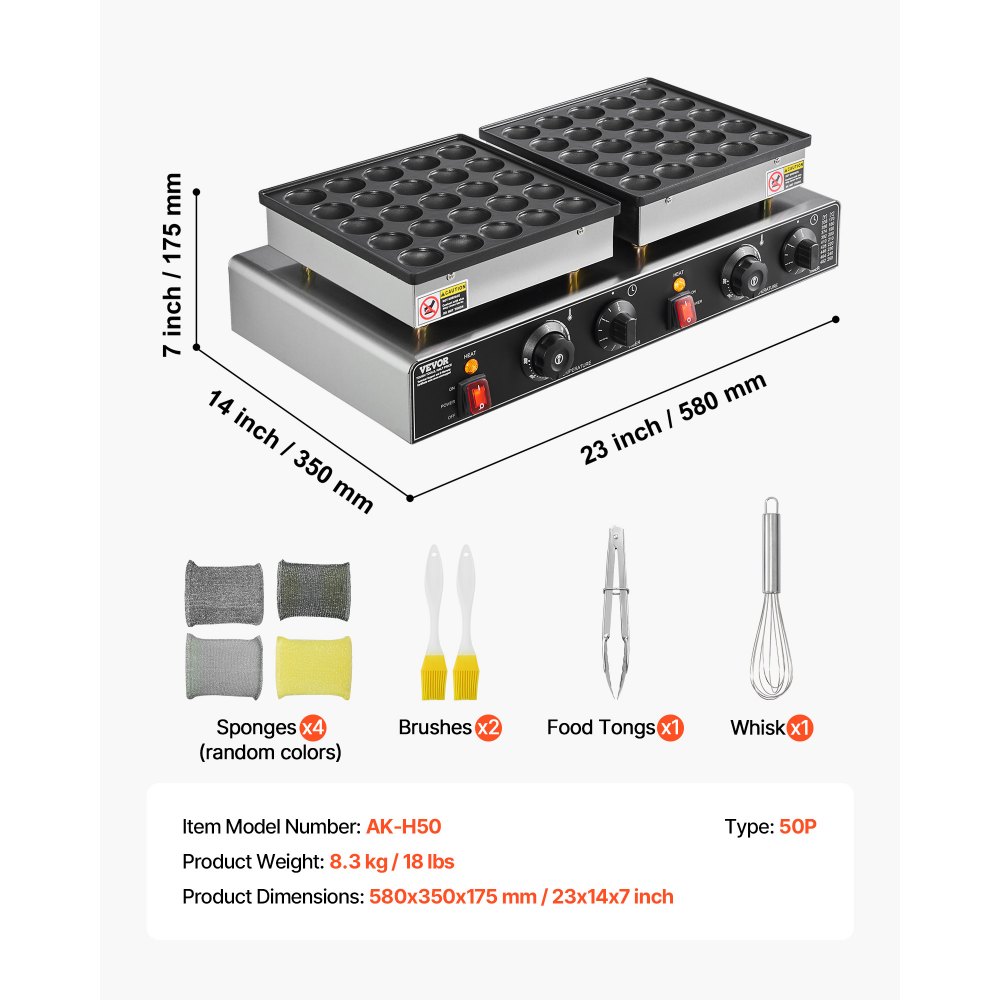 VEVOR 50PCS Mini Dutch Pancake Maker, Non-stick Stainless Steel Dorayaki Baker, 1800W Commercial Electric Poffertjes Grill Pan, Dual Temp & Time Control, for Kitchen Restaurant Breakfast Dessert
