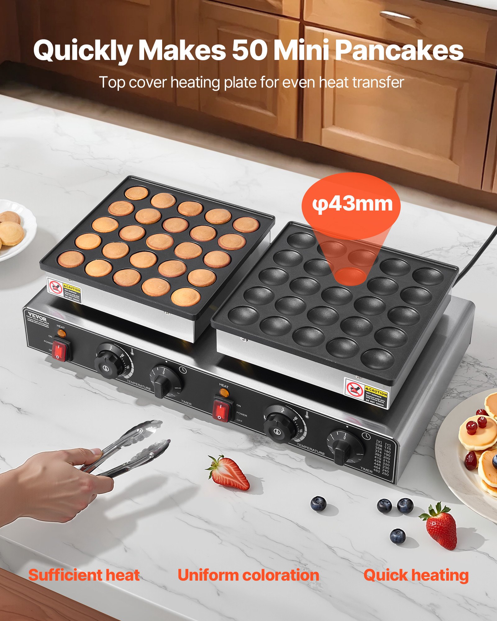 VEVOR 50PCS Mini Dutch Pancake Maker, Non-stick Stainless Steel Dorayaki Baker, 1800W Commercial Electric Poffertjes Grill Pan, Dual Temp & Time Control, for Kitchen Restaurant Breakfast Dessert