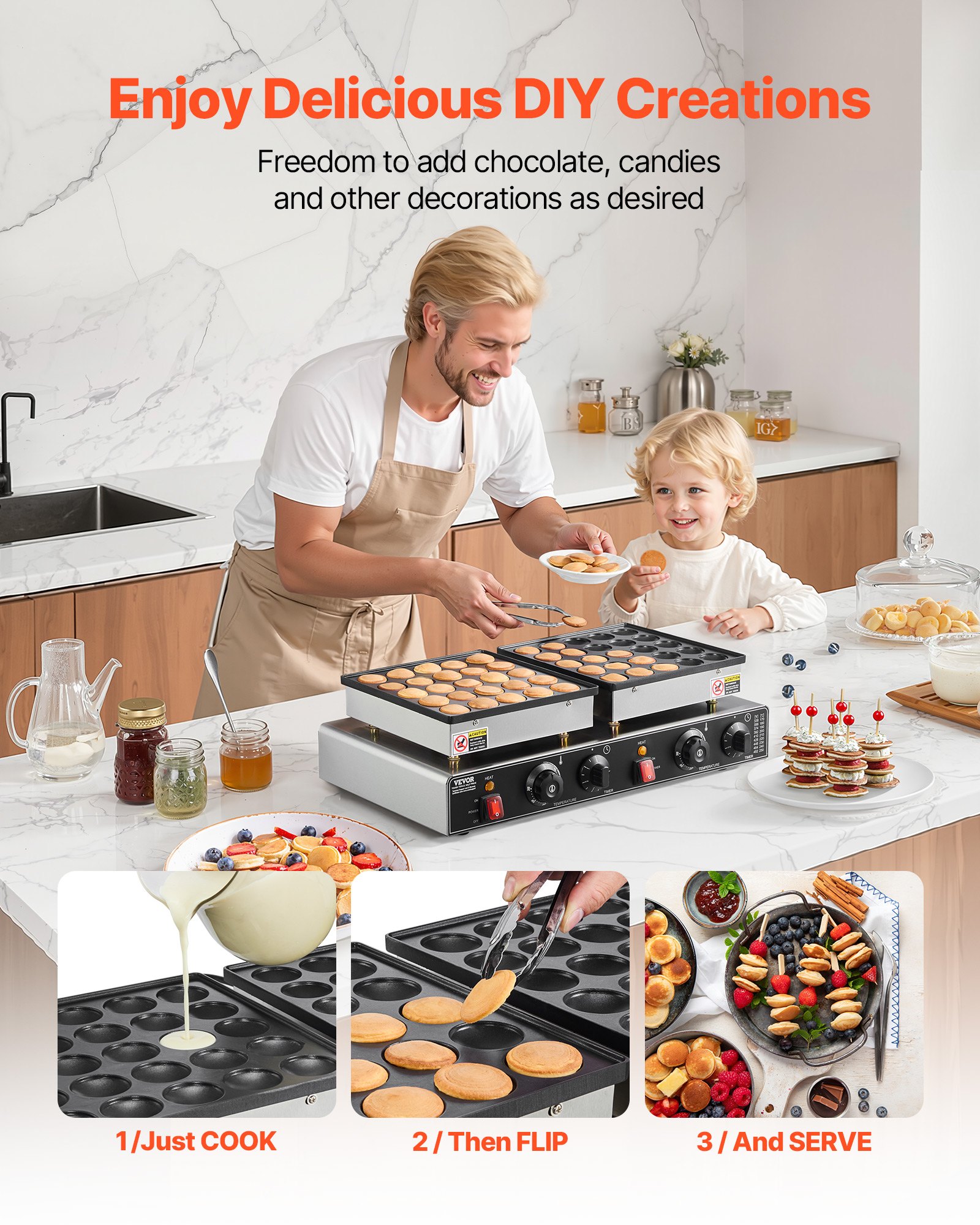 VEVOR 50PCS Mini Dutch Pancake Maker, Non-stick Stainless Steel Dorayaki Baker, 1800W Commercial Electric Poffertjes Grill Pan, Dual Temp & Time Control, for Kitchen Restaurant Breakfast Dessert