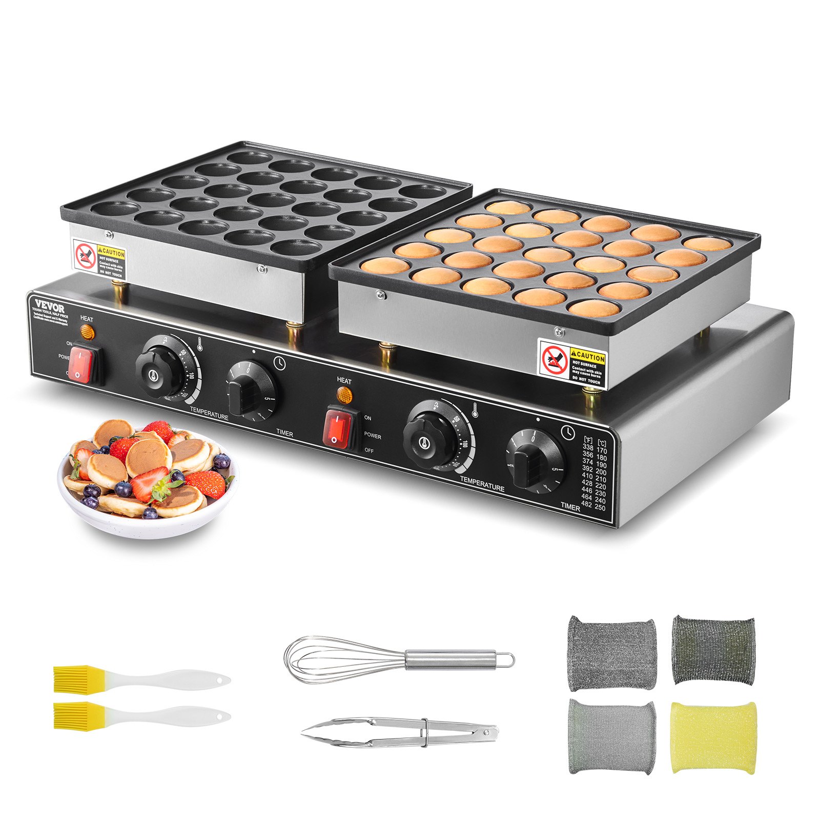 VEVOR 50PCS Mini Dutch Pancake Maker, Non-stick Stainless Steel Dorayaki Baker, 1800W Commercial Electric Poffertjes Grill Pan, Dual Temp & Time Control, for Kitchen Restaurant Breakfast Dessert