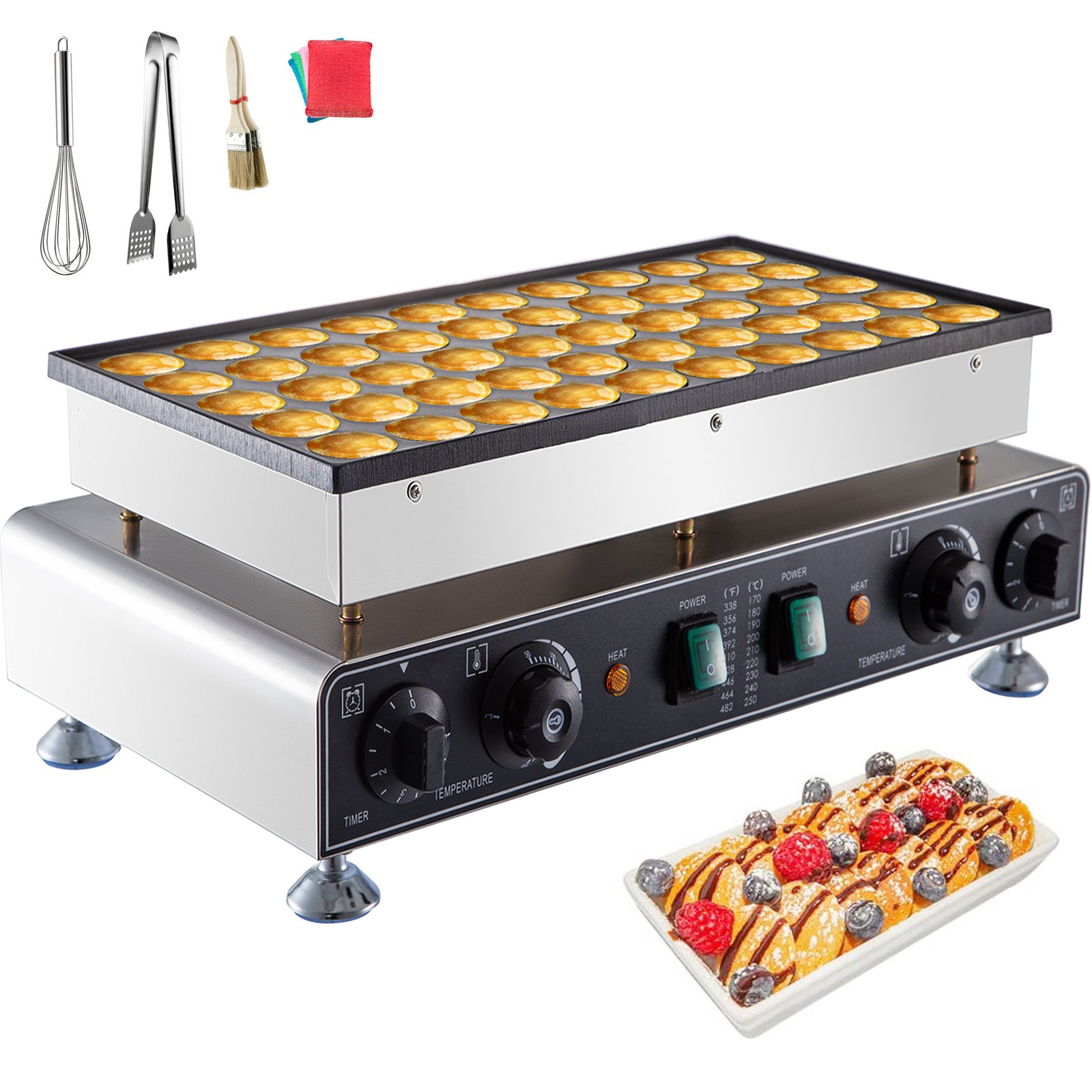 VEVOR 50PCS Mini Dutch Pancake Maker, Non-stick Stainless Steel Dorayaki Baker, 1800W Commercial Electric Poffertjes Grill Pan, Dual Temp & Time Control, for Kitchen Restaurant Breakfast Dessert