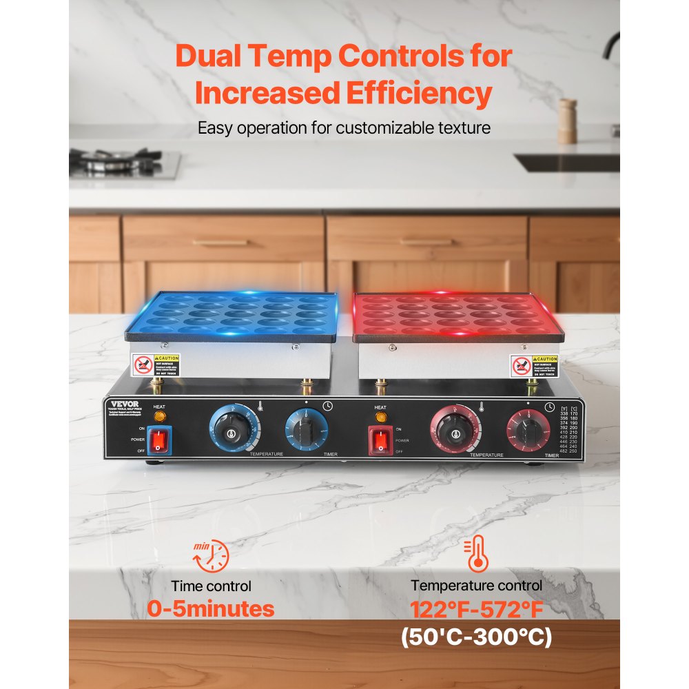 VEVOR 50PCS Mini Dutch Pancake Maker, Non-stick Stainless Steel Dorayaki Baker, 1800W Commercial Electric Poffertjes Grill Pan, Dual Temp & Time Control, for Kitchen Restaurant Breakfast Dessert