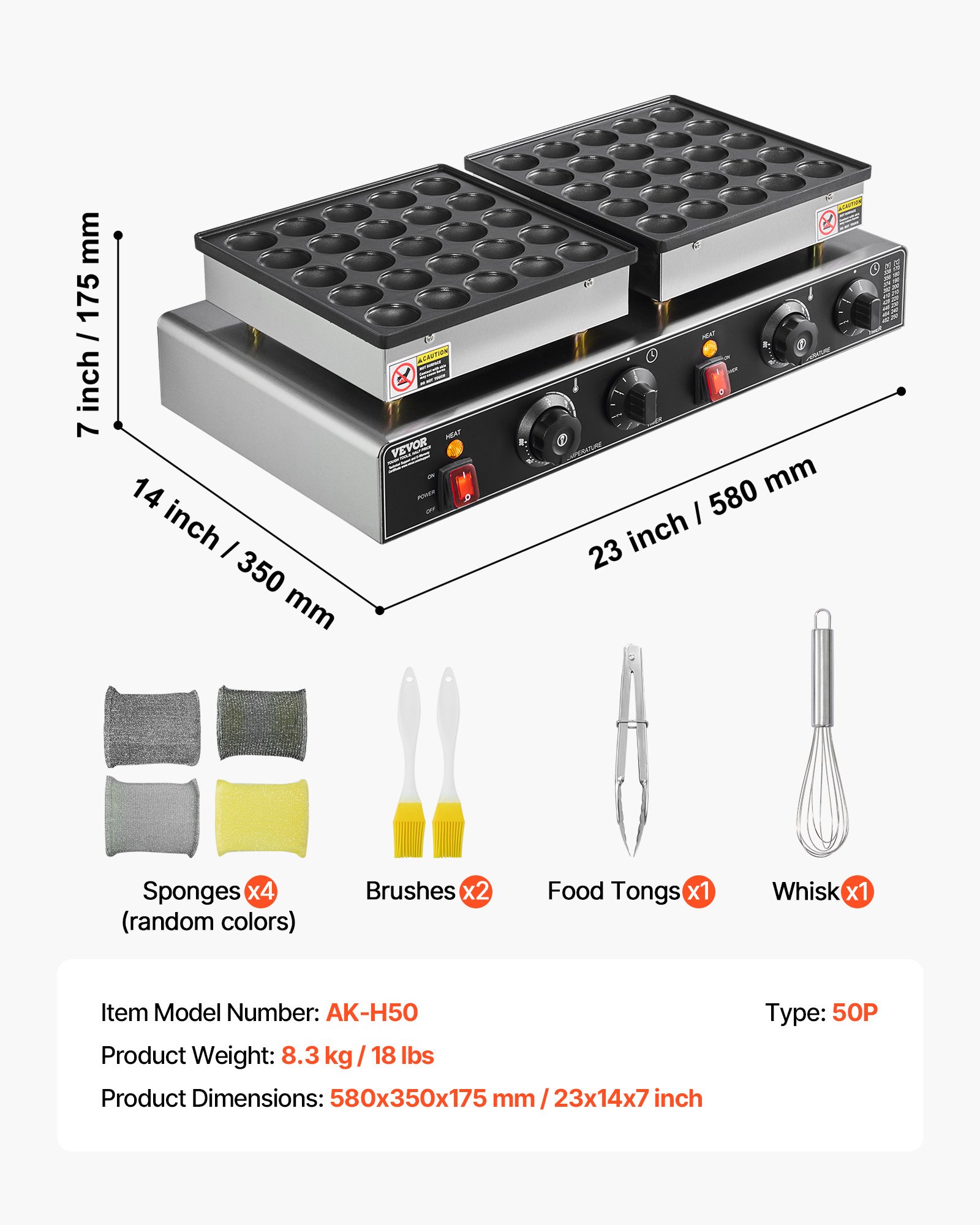 VEVOR 50PCS Mini Dutch Pancake Maker, Non-stick Stainless Steel Dorayaki Baker, 1800W Commercial Electric Poffertjes Grill Pan, Dual Temp & Time Control, for Kitchen Restaurant Breakfast Dessert