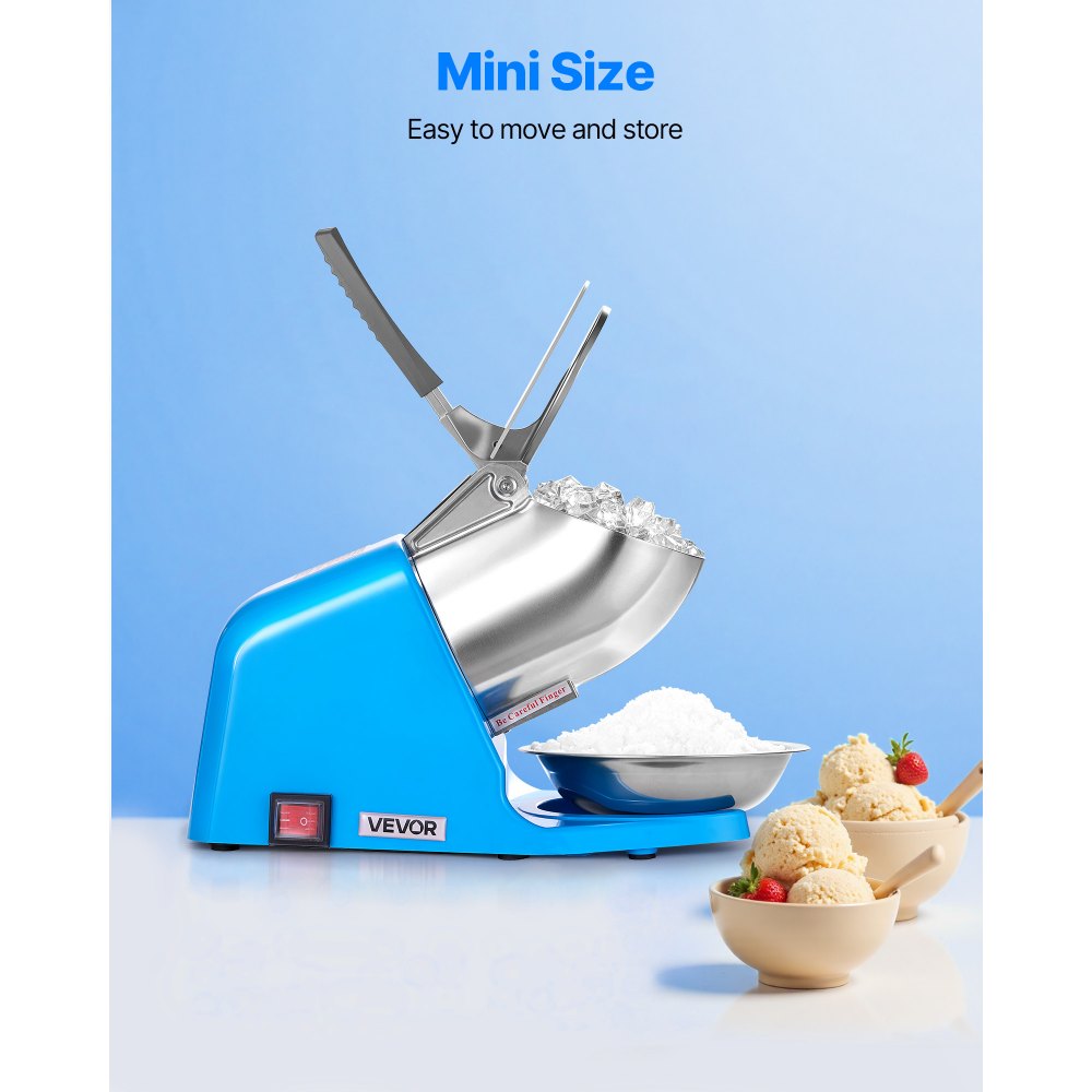 VEVOR Ice Crusher Machine, 286lbs Per Hour Electric 4 Blades Snow Cone Maker, Stainless Steel Shaved Ice Machine with Bowl and Cover, 300W 2000RPM Ice-Shaver for Home and Commercial Use, Blue