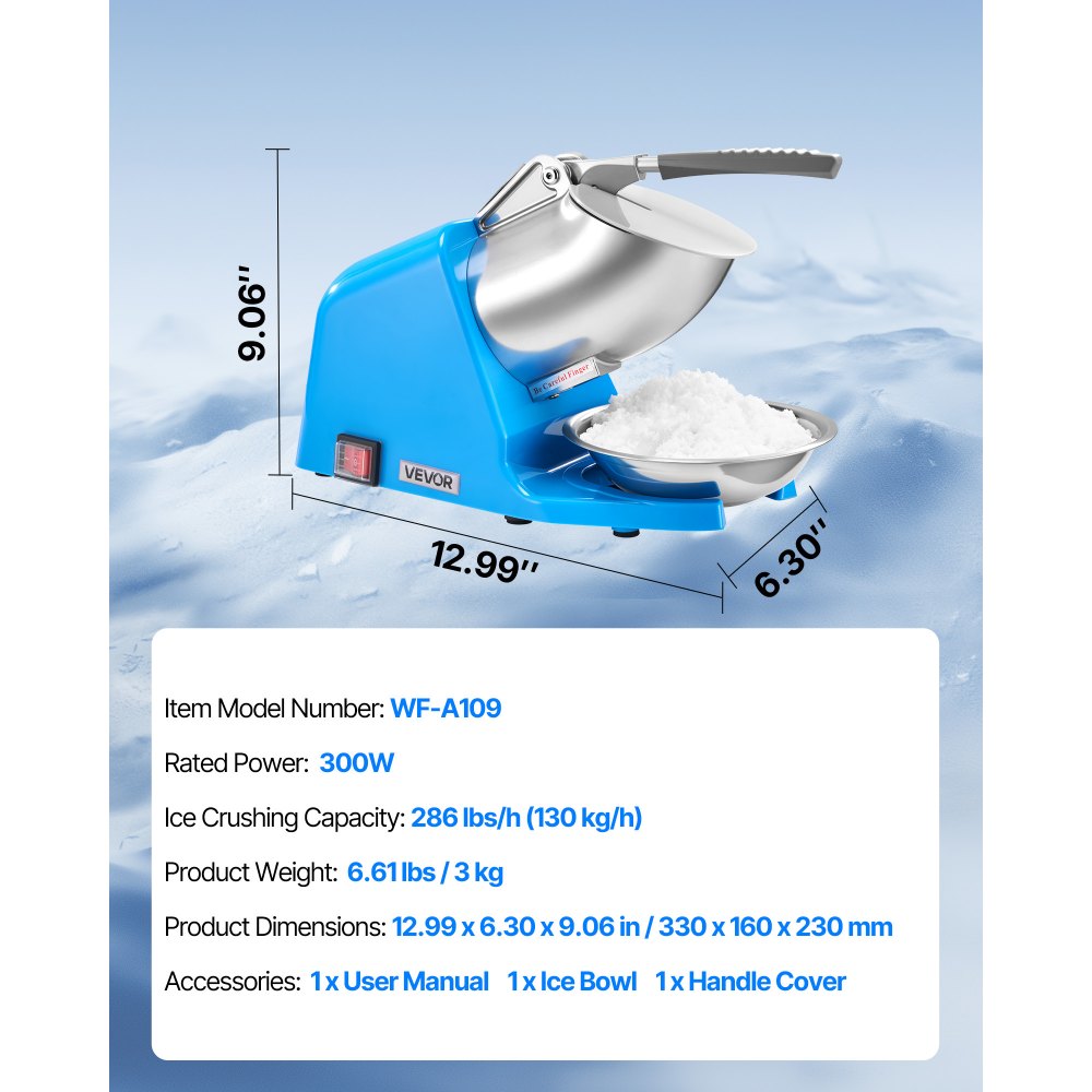 VEVOR Ice Crusher Machine, 286lbs Per Hour Electric 4 Blades Snow Cone Maker, Stainless Steel Shaved Ice Machine with Bowl and Cover, 300W 2000RPM Ice-Shaver for Home and Commercial Use, Blue
