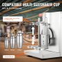 VEVOR milkshake maker with adjustable holder for 350ml, 500ml, and 750ml shaker cups in a café setting.