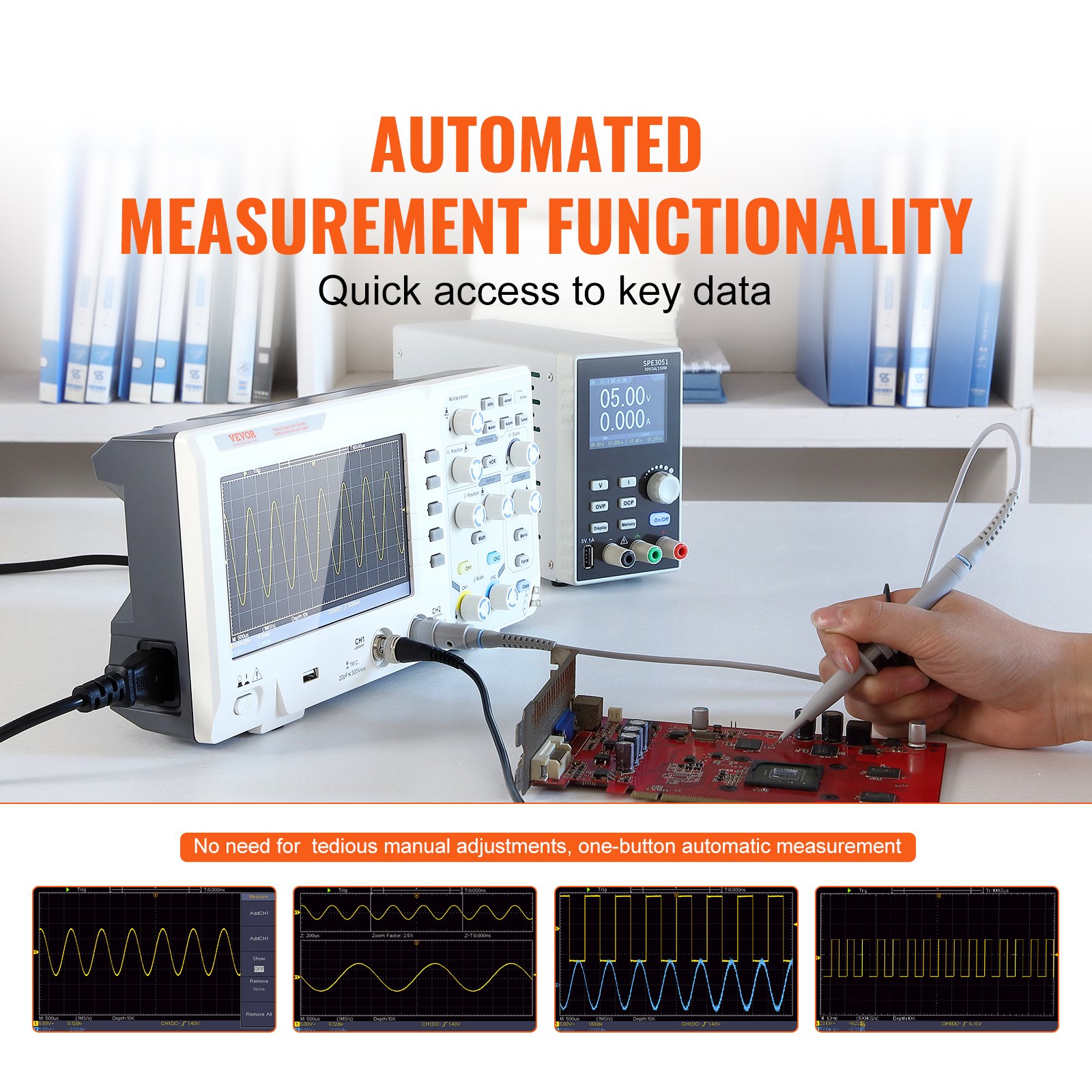 VEVOR Digital Oscilloscope, 1GS/S Sampling Rate, 100MHZ Bandwidth 2 Channels Portable Oscilloscope with Color Screen, 30 Automatic Measurement Functions for Electronic Circuit Testing DIY