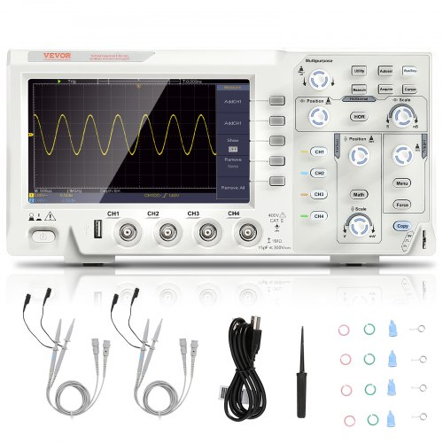 VEVOR Digital Oscilloscope, 1GS/S Sampling Rate, 100MHZ Bandwidth Portable Oscilloscope with 4 Channels 7-inch Color Screen, 30 Automatic Measurement Functions for Electronic Circuit Testing DIY