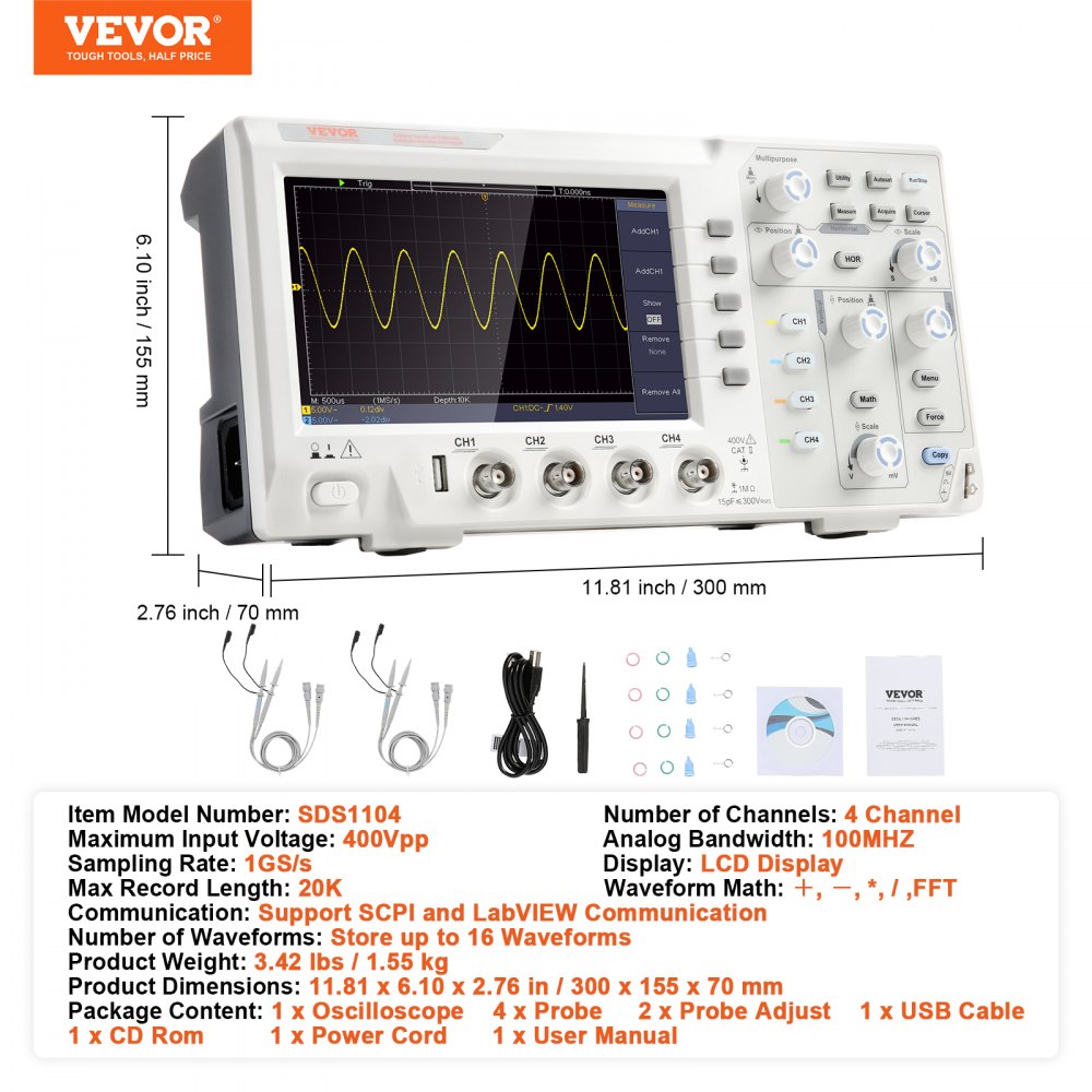 VEVOR Portable Digital Oscilloscope 1GS/S Sampling Rate 100MHZ Four Channel LCD