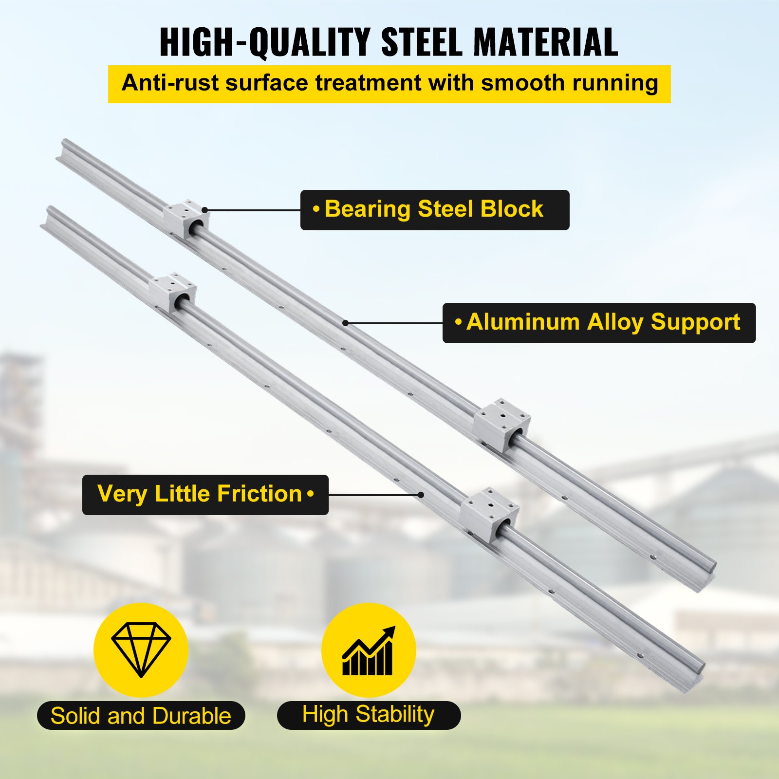 VEVOR linear rail with aluminum alloy support and bearing steel block for high stability.
