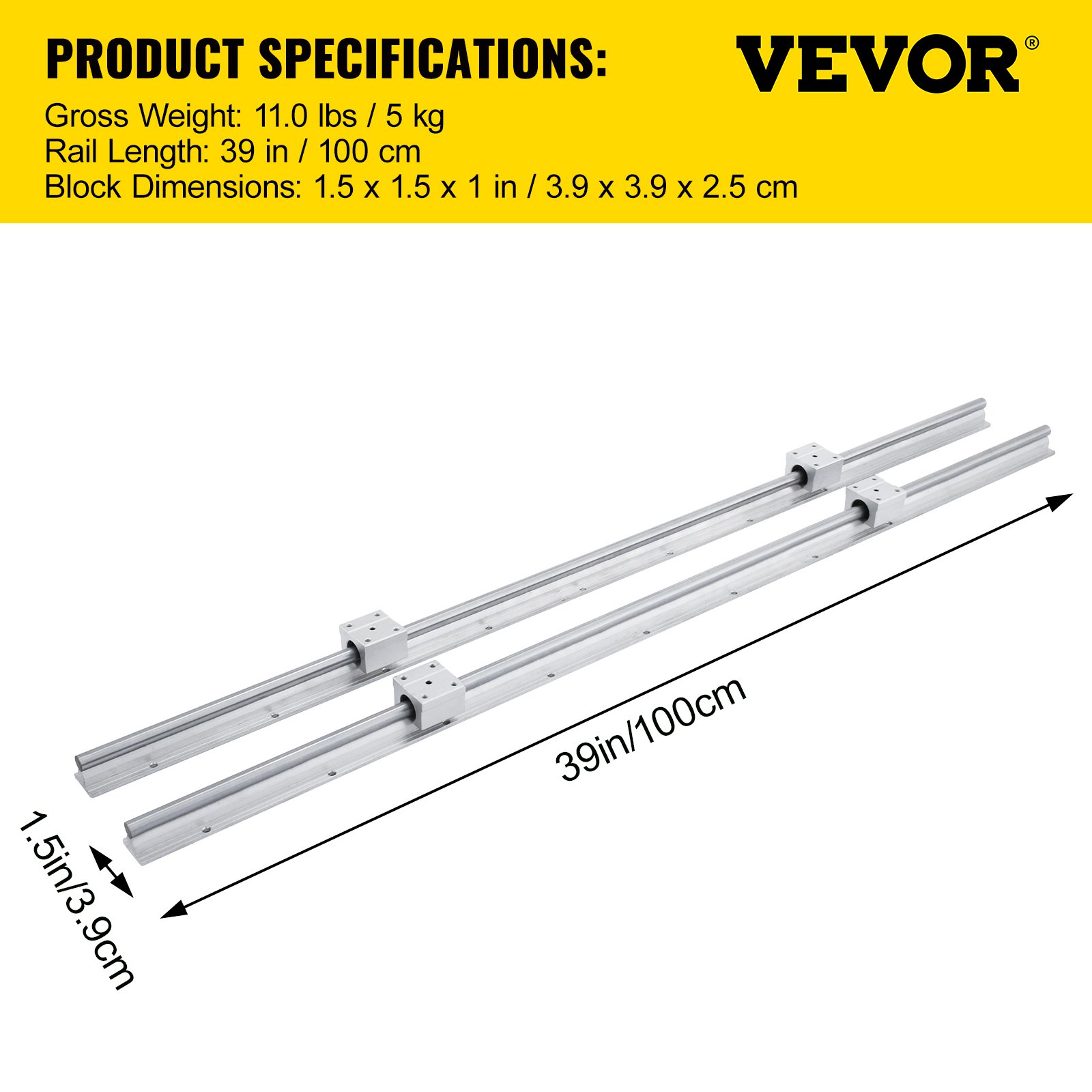 VEVOR linear rail, 39 in/100 cm rail length, 1.5 x 1 in block dimensions.