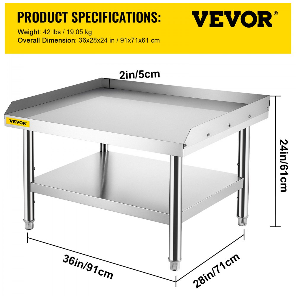 VEVOR Soporte para parrilla de equipo de acero inoxidable, mesa de acero inoxidable de 36 x 28 x 24 pulgadas, mesa con soporte para parrilla con estante inferior de almacenamiento ajustable, mesa para parrilla con soporte para equipo para hotel, hogar, cocina de restaurante