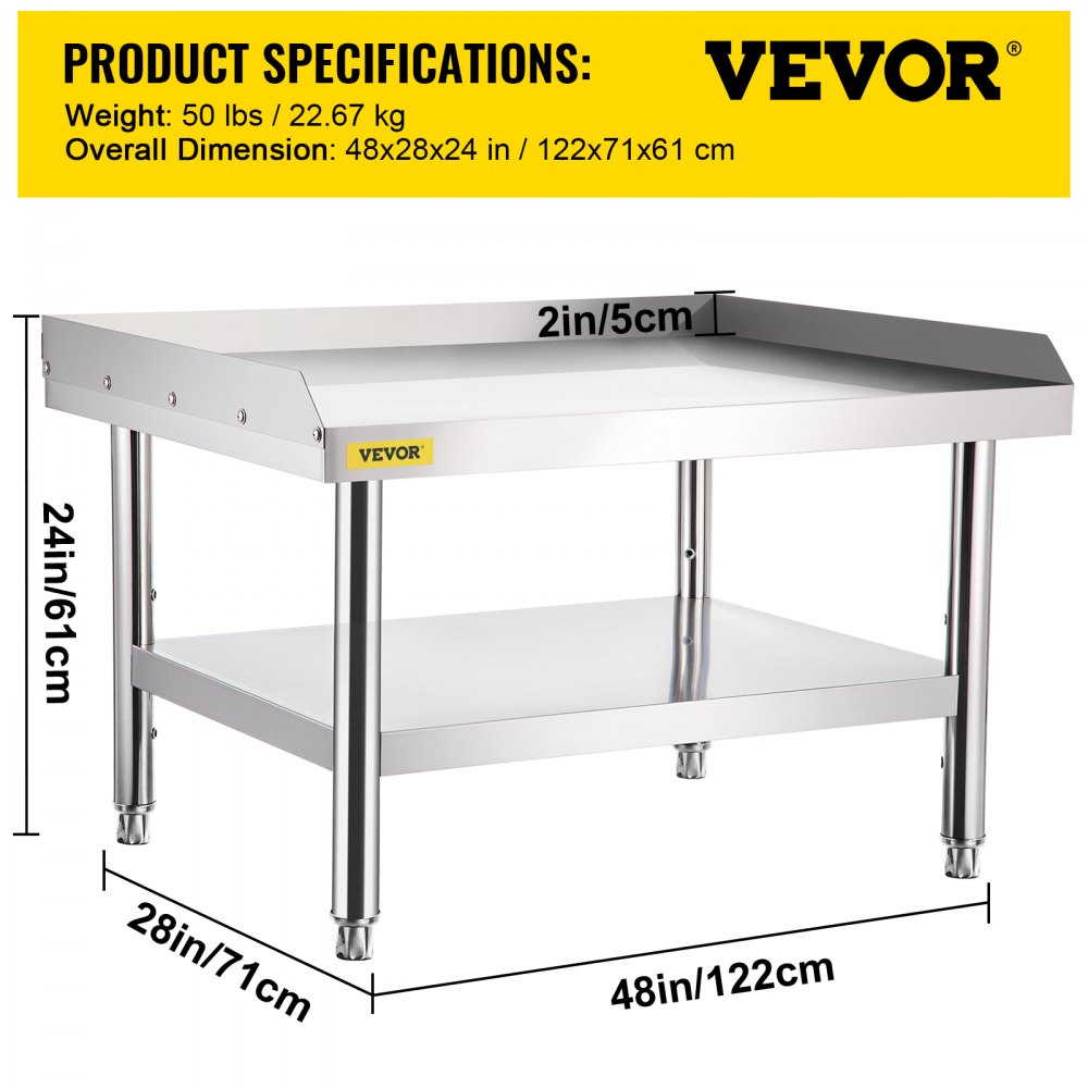 VEVOR Stainless Steel Equipment Grill Stand, 48 x 28 x 24 Inches Stainless Table, Grill Stand Table with Adjustable Storage Undershelf, Equipment Stand Grill Table for Hotel, Home, Restaurant Kitchen