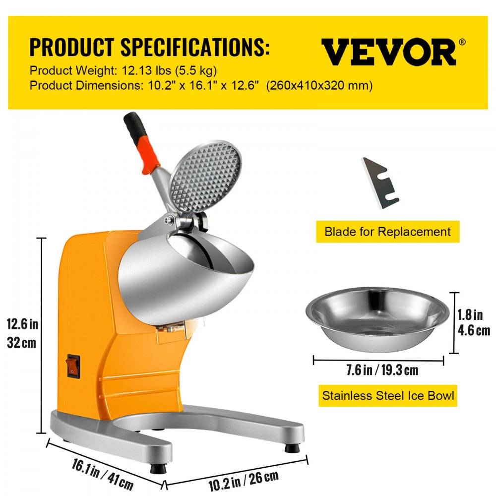 VEVOR Electric Ice Shaver Crusher Snow Cone Maker Machine with Dual Stainless Steel Blades 210LB/H Shaved Ice Machine 300W 1450 RPM with Ice Plate & Additional Blade for Home and Commercial Use Yellow