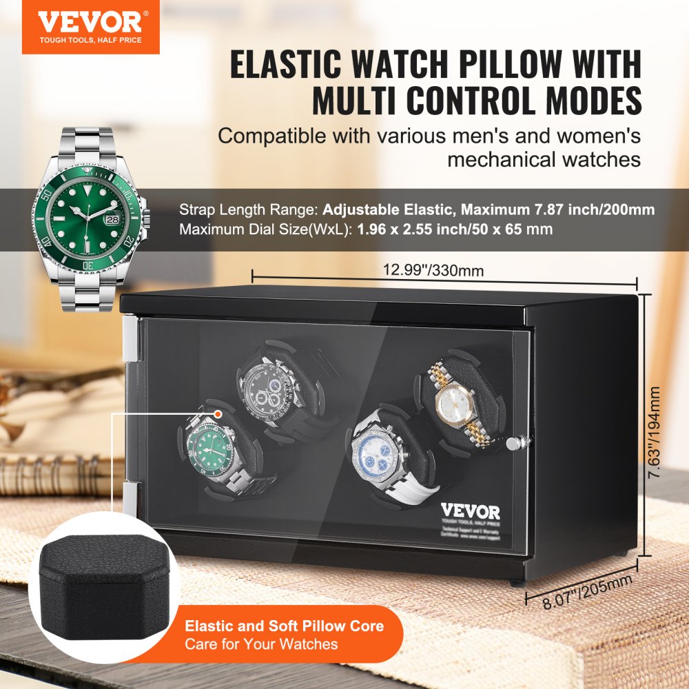 VEVOR Watch Winder Watch Winder for 4 Men's and Women's Automatic Watches with 2 Super Quiet Japanese Mabuchi Motors Blue LED Light and Adapter