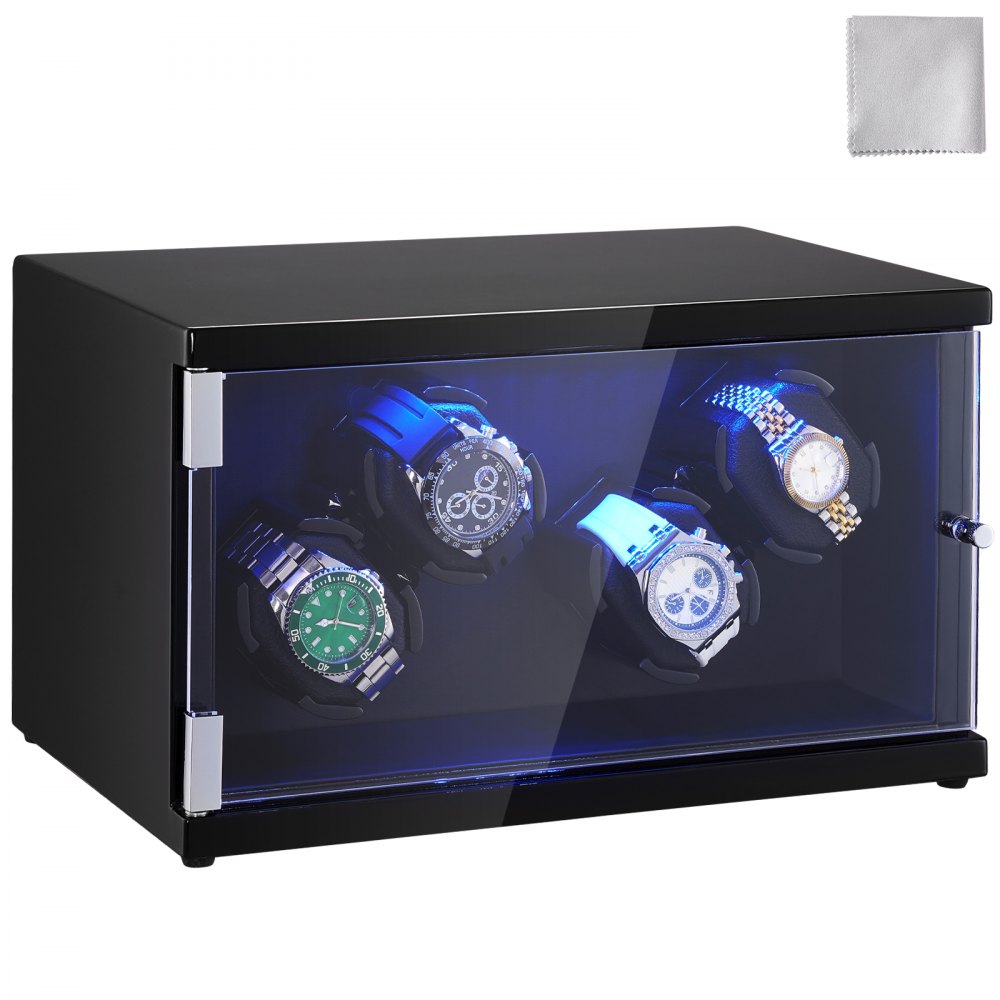 VEVOR Remontoir de Montre, Remontoir de Montre pour 4 Montres Automatiques pour Hommes et Femmes, avec 2 Moteurs Mabuchi Japonais Super Silencieux, Lumière LED Bleue et Adaptateur, Coque en Panneau Haute Densité et PU Noir