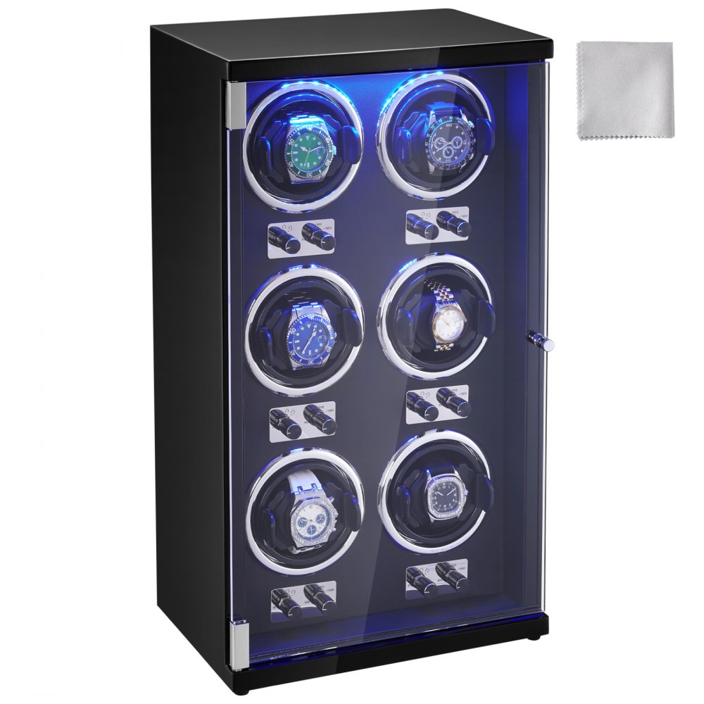 VEVOR watch winder with six slots, led lighting, and a polishing cloth.