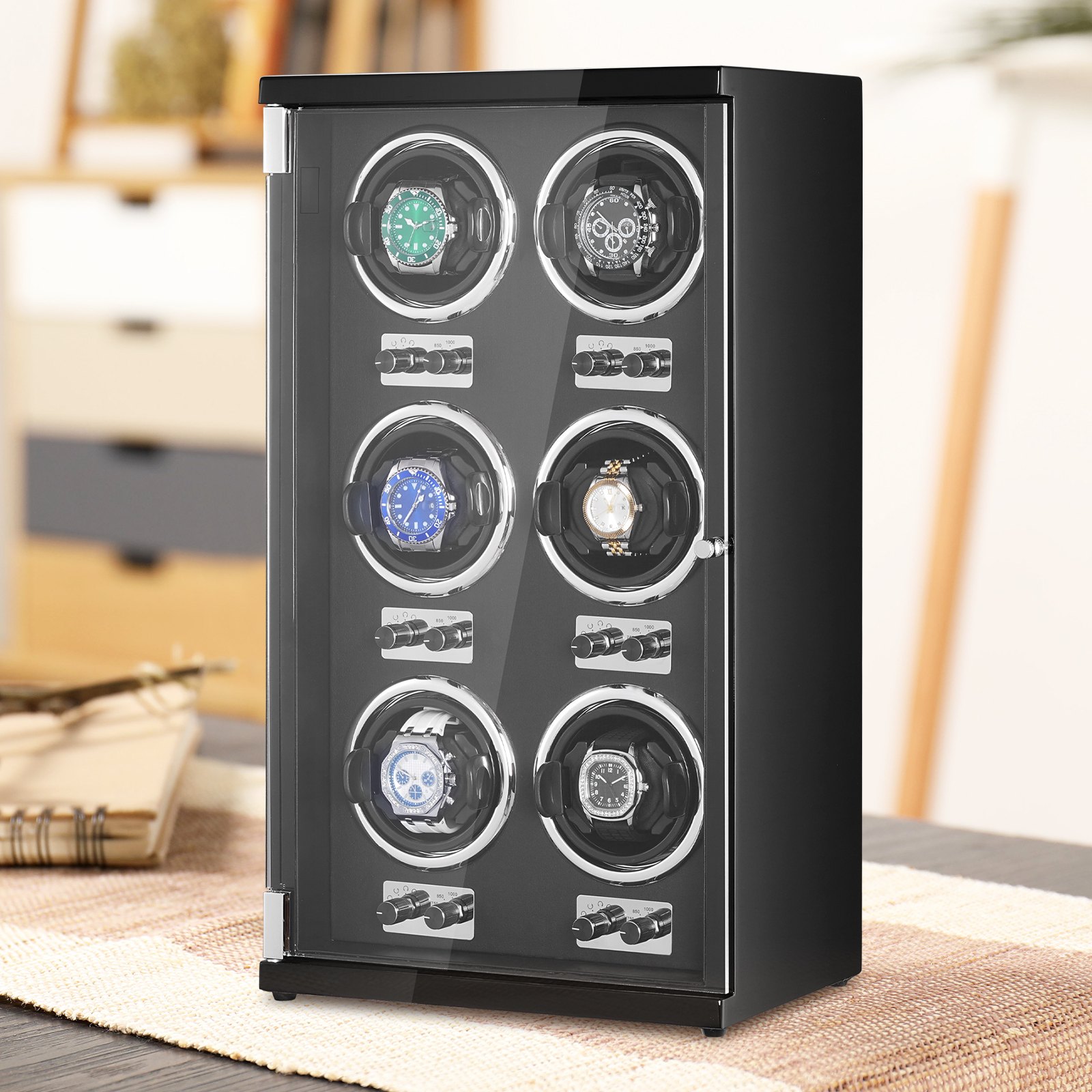 VEVOR Watch Winder, Watch Winder for 6 Men's and Women's Automatic Watches, with 6 Super Quiet Japanese Mabuchi Motors, Blue LED Light and Adapter, High-Density Board Shell and Black PU