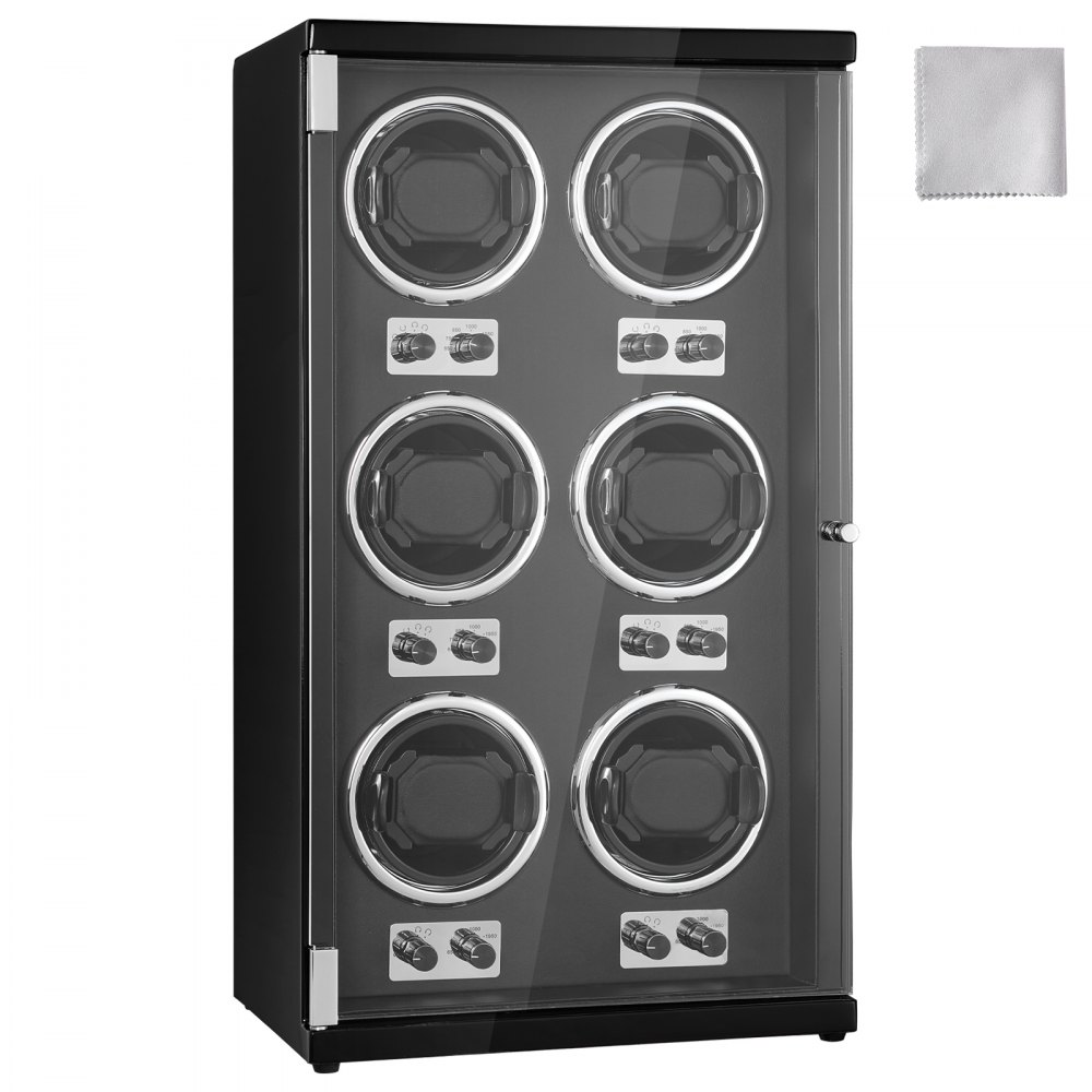 VEVOR Watch Winder, Watch Winder for 6 Men's and Women's Automatic Watches, with 6 Super Quiet Japanese Mabuchi Motors, Blue LED Light and Adapter, High-Density Board Shell and Black PU