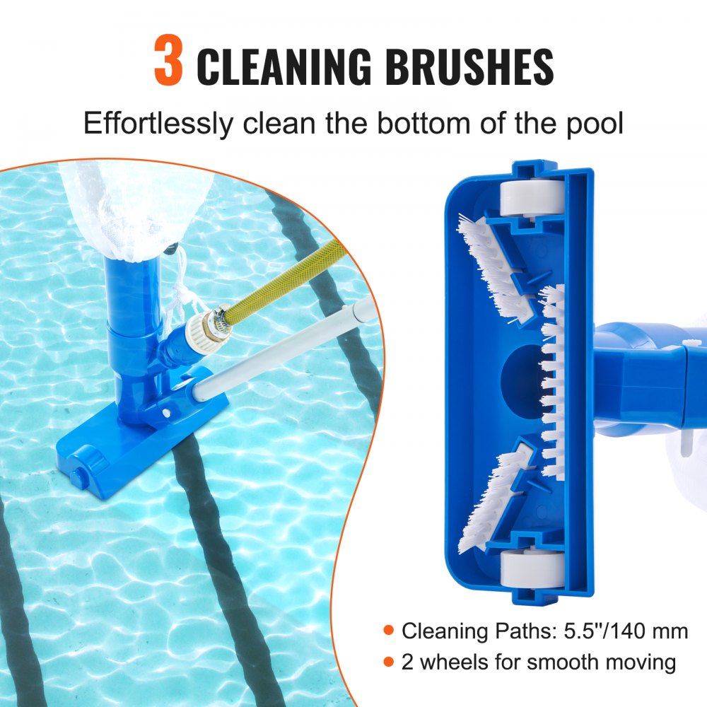 VEVOR Portable Pool Vacuum Handheld Pool Vacuum Cleaner with 3 Scrub Brushes