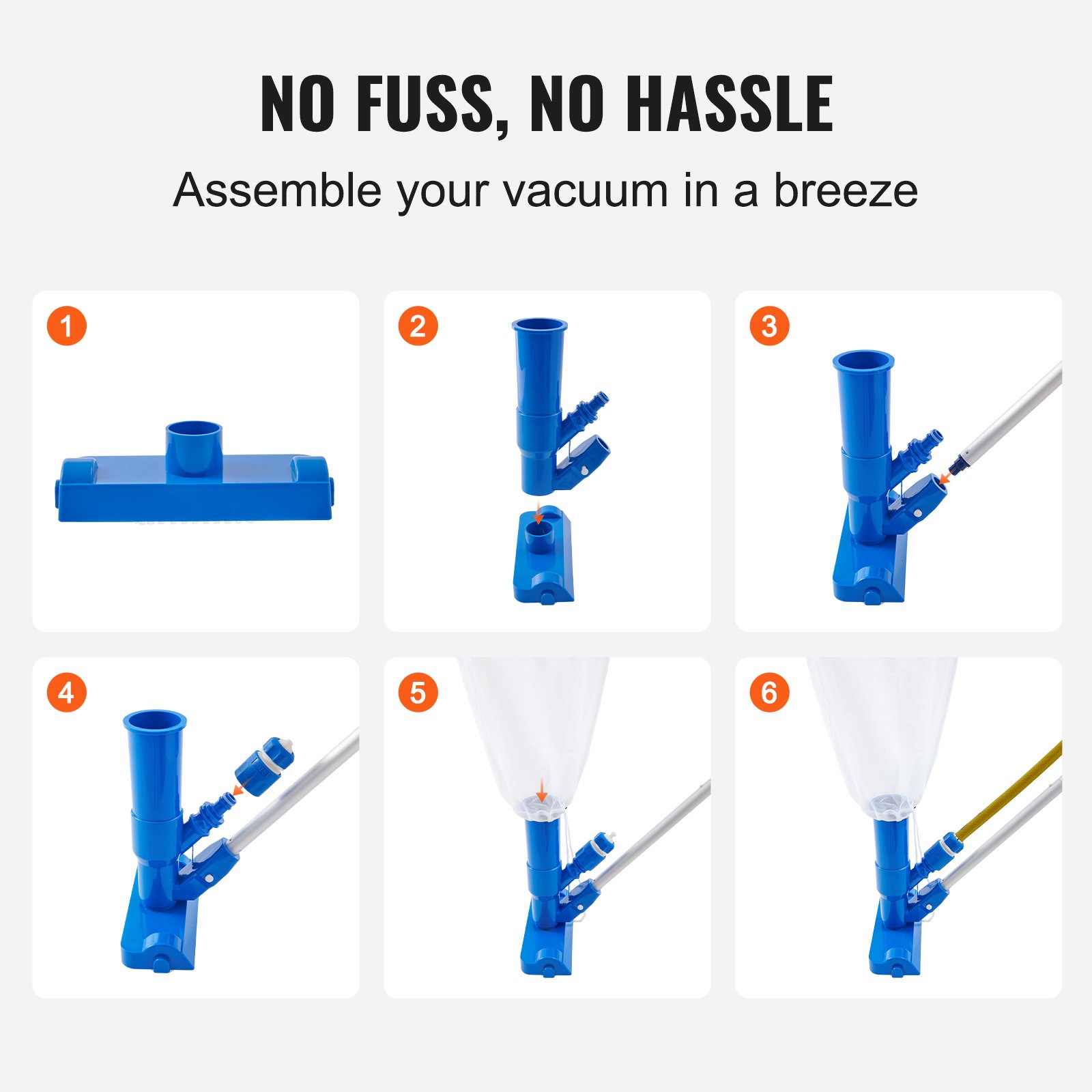 VEVOR Portable Pool Vacuum, Handheld Pool Vacuum Cleaner with 3 Scrub Brushes & 6 Sections Pole, Swimming Pool Jet Cleaner for Above Ground Pool, Inflatable Pool, Spas, Ponds & Fountains