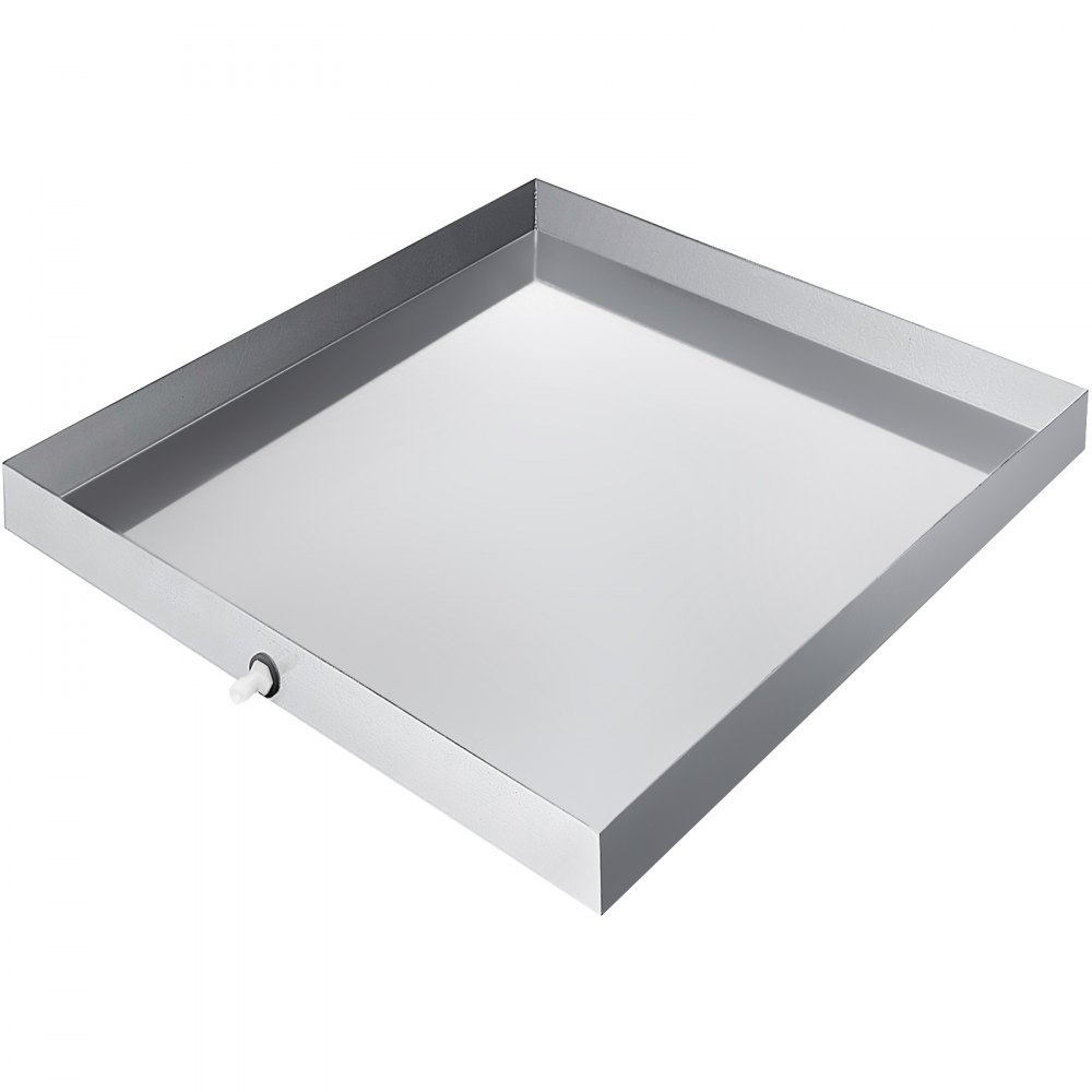 metal VEVOR washing machine pan with drain, rectangular and shiny finish.