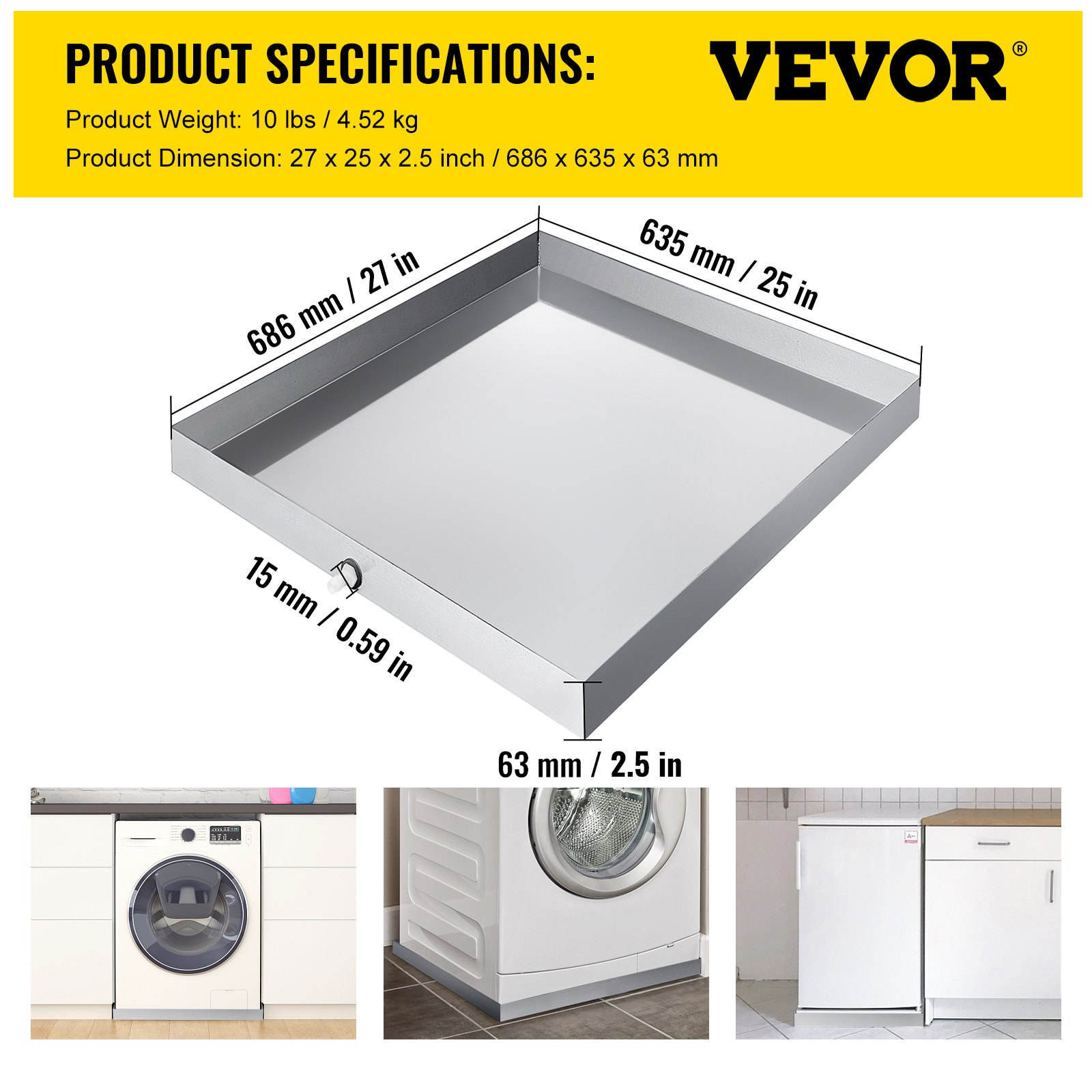 VEVOR 27 x 25 x 2.5 Inch Washing Machine Pan 304 Stainless Steel Washing Machine Drain Pan 18 GA Thickness Heavy Duty Compact Washer Drip Tray with Drain Hole & Hose Adapter