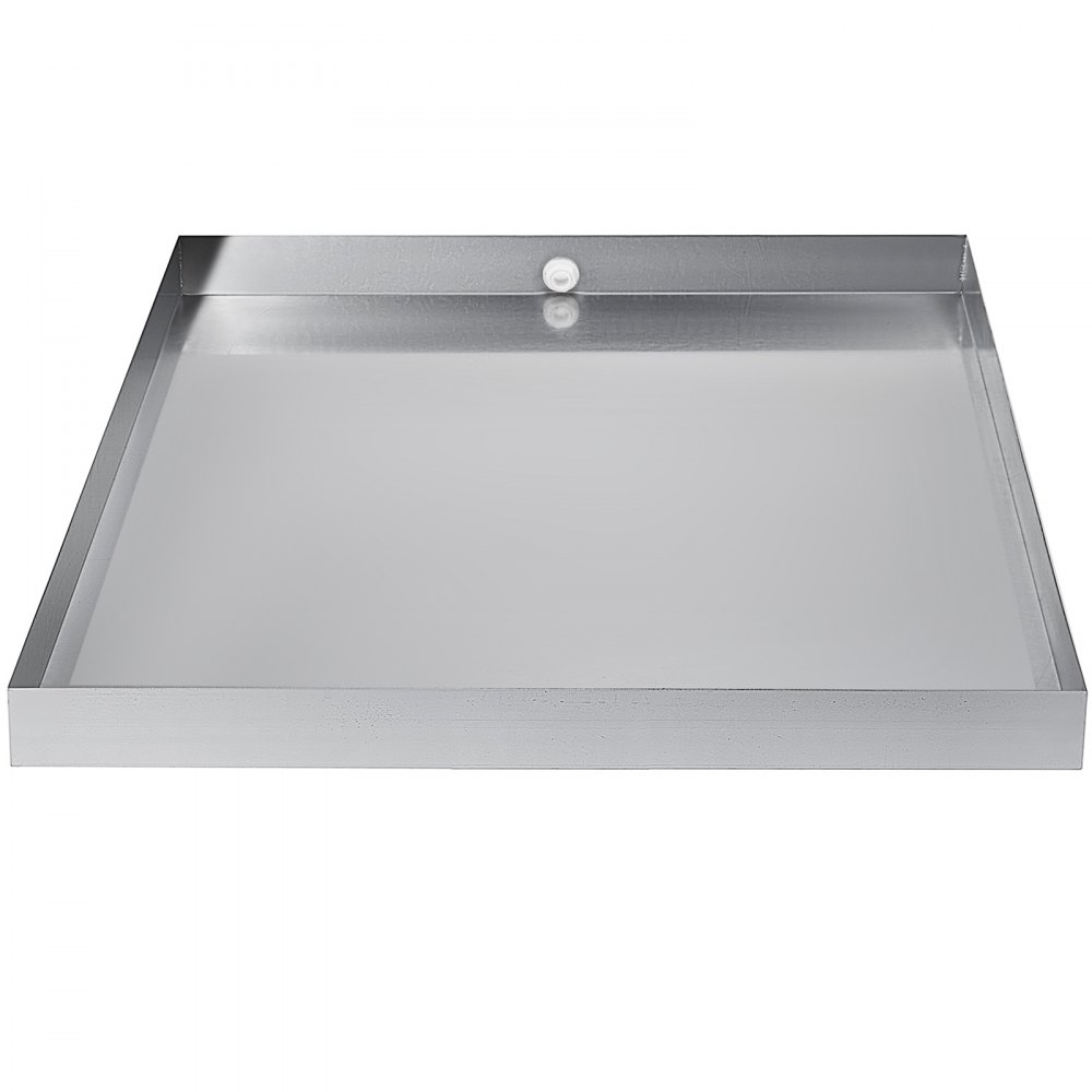 VEVOR washing machine pan with raised edges and drain hole, in stainless steel finish.
