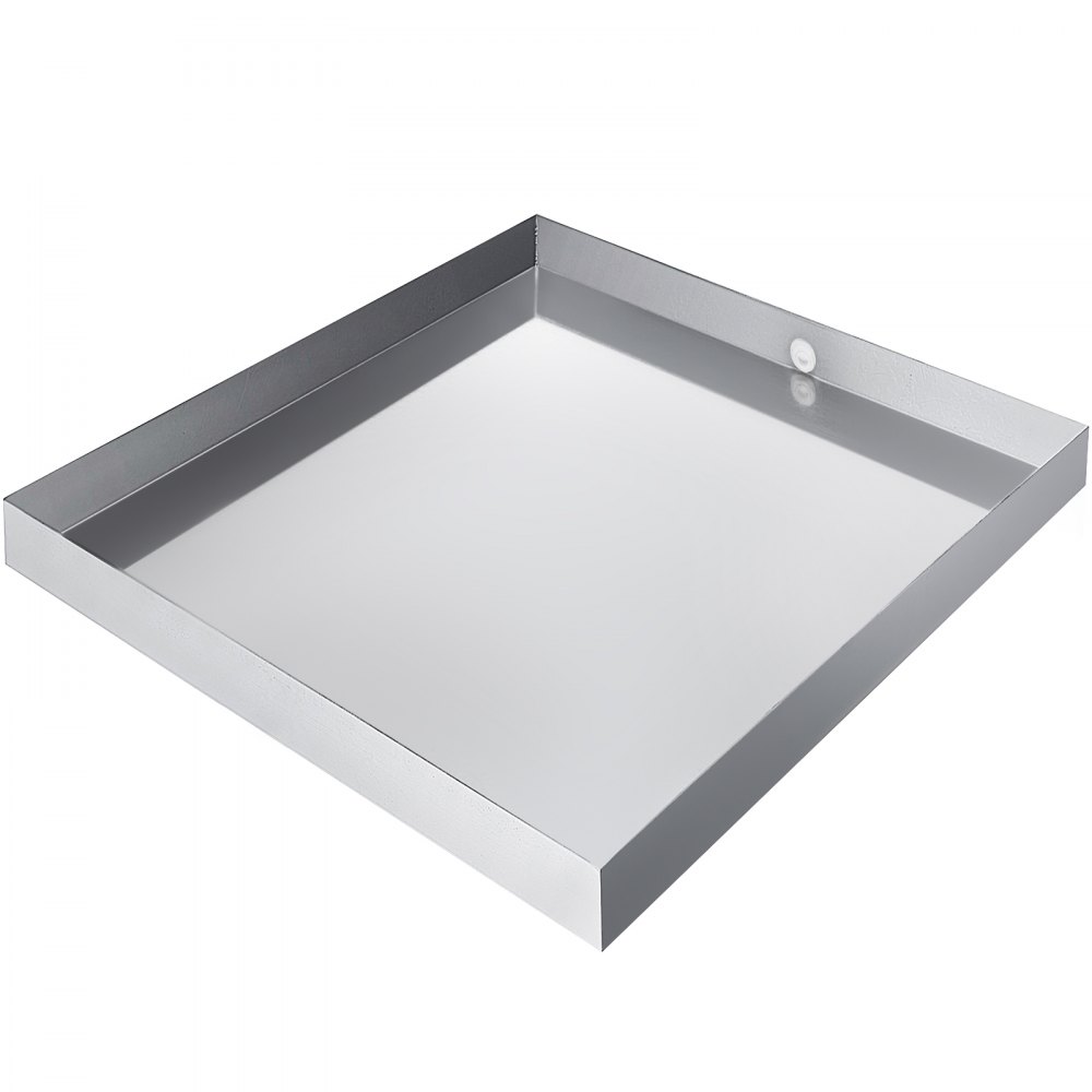 stainless steel VEVOR washing machine pan with raised edges and drain hole.