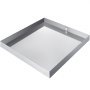 stainless steel VEVOR washing machine pan with raised edges and drain hole.