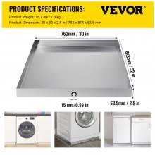 VEVOR 32 x 30 x 2.5 Inch Washing Machine Pan 18 GA Thickness Galvanized Steel Heavy Duty Compact Washer Drip Tray with Drain Hole & Hose Adapter