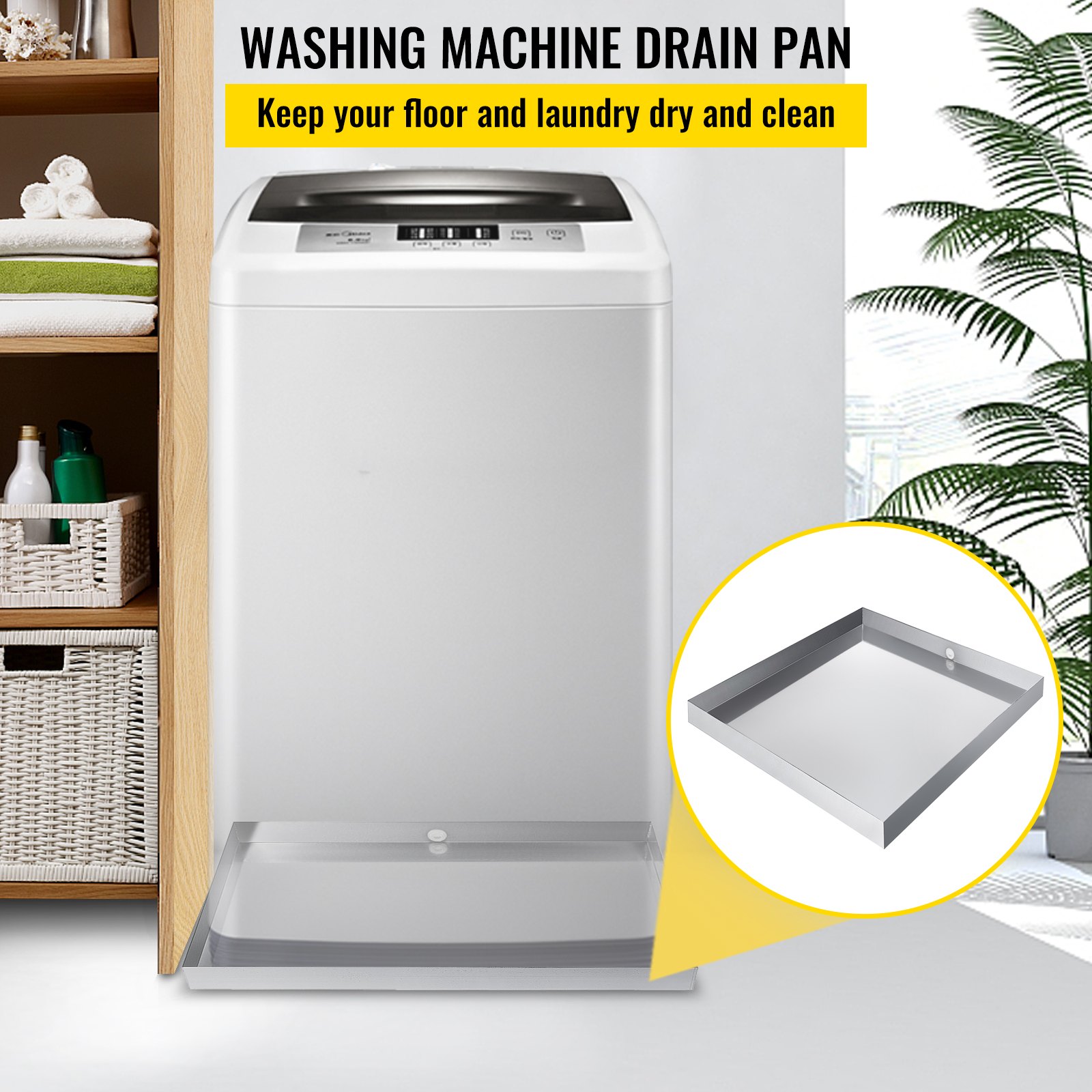 VEVOR washing machine pan under a modern washing machine keeps floor dry and clean.