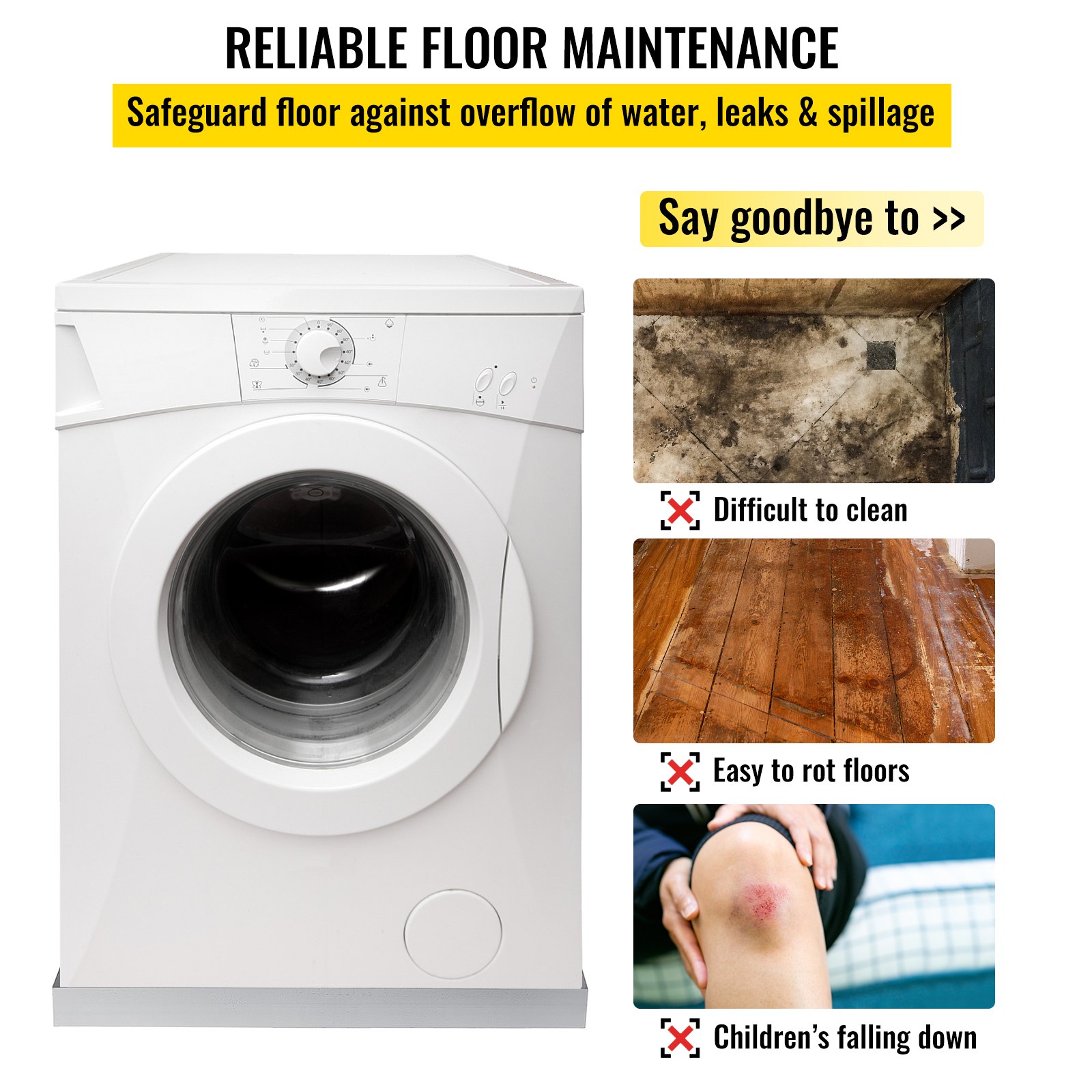 VEVOR washing machine pan prevents water damage, keeping floors clean and safe for kids.